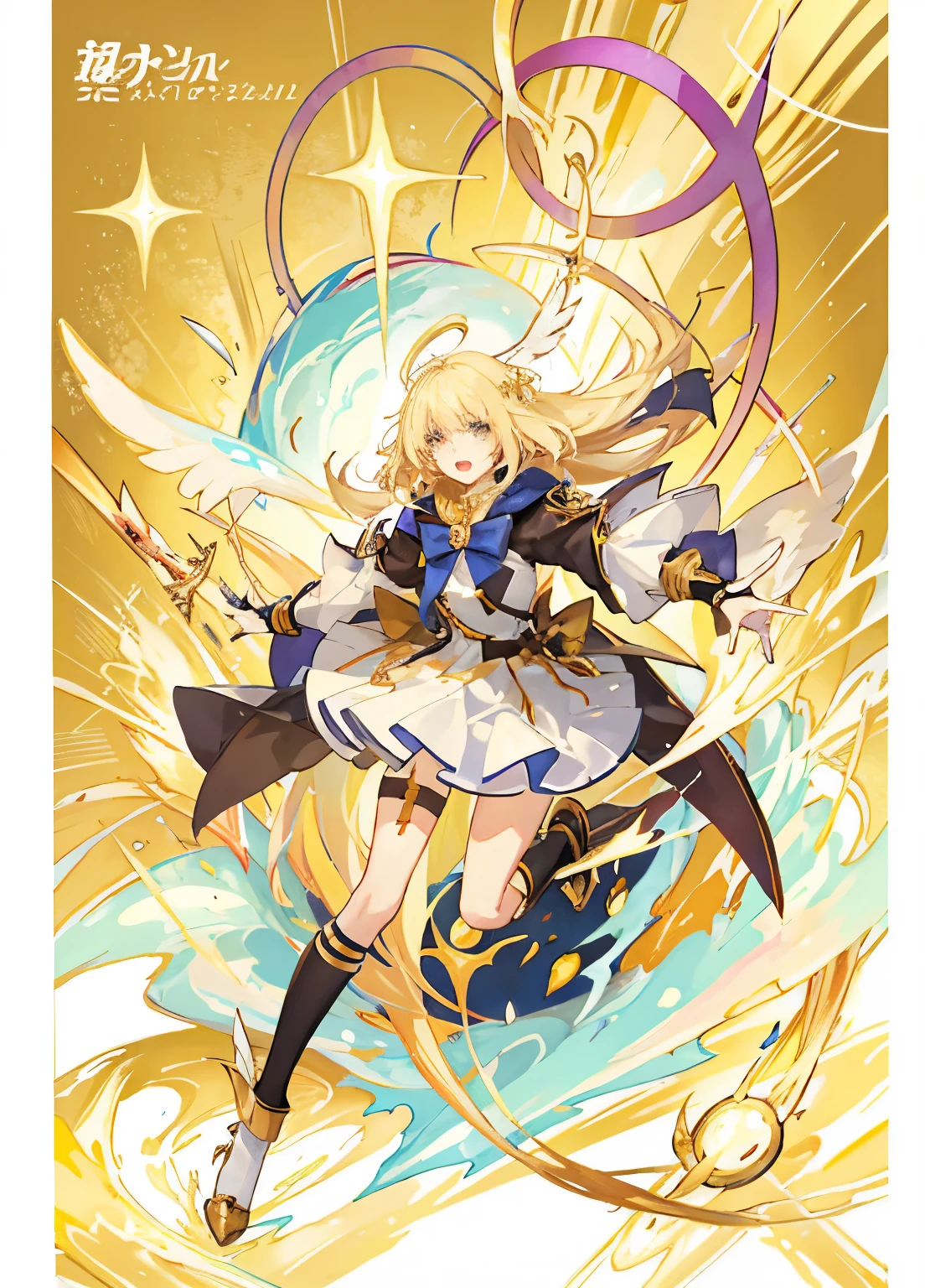 Close-up of cartoon characters on golden background, a golden halo, singing voice, detailed key anime art, running, Official Anime Artwork, Mirror sound bell, gemini gold cloth, Zodiac Girl Knight Portrait, Blonde long hair anime girl, key anime art, lux, Elegant anime main visual, hq artwork, official artwork, Light magic