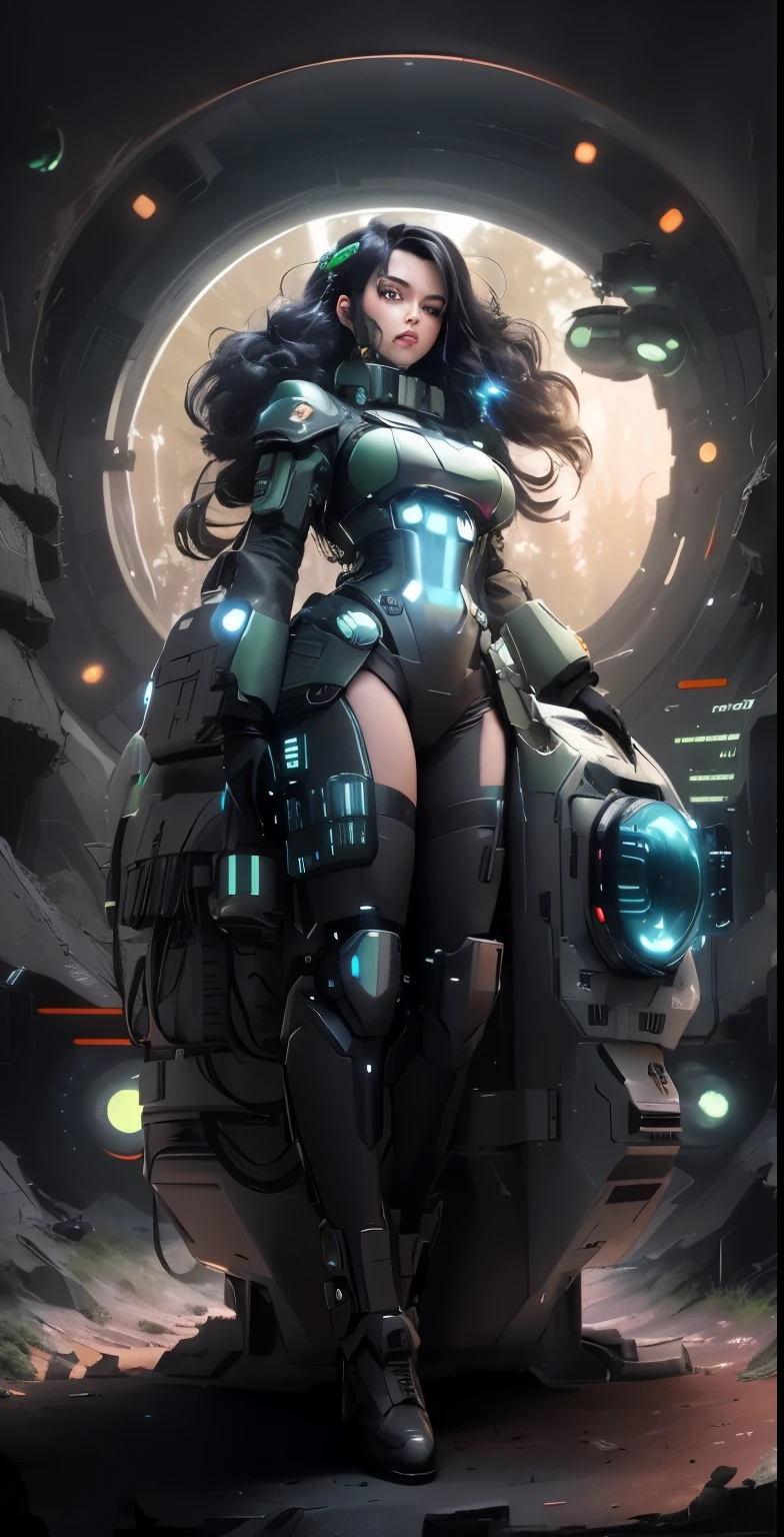 In the deep recesses of a military industrial complex stands Massively sized Time Tunnel in a government reinforce massive bunker forest covered in darkness and secrecy. A very attractive and futuristically half dressed time traveler (half android) woman ((shinny clothing and time travel accessories)) stands sadly beside the broken Time Machine. A colorful Matrix computer code is mixed into the background amongst the forest trees.