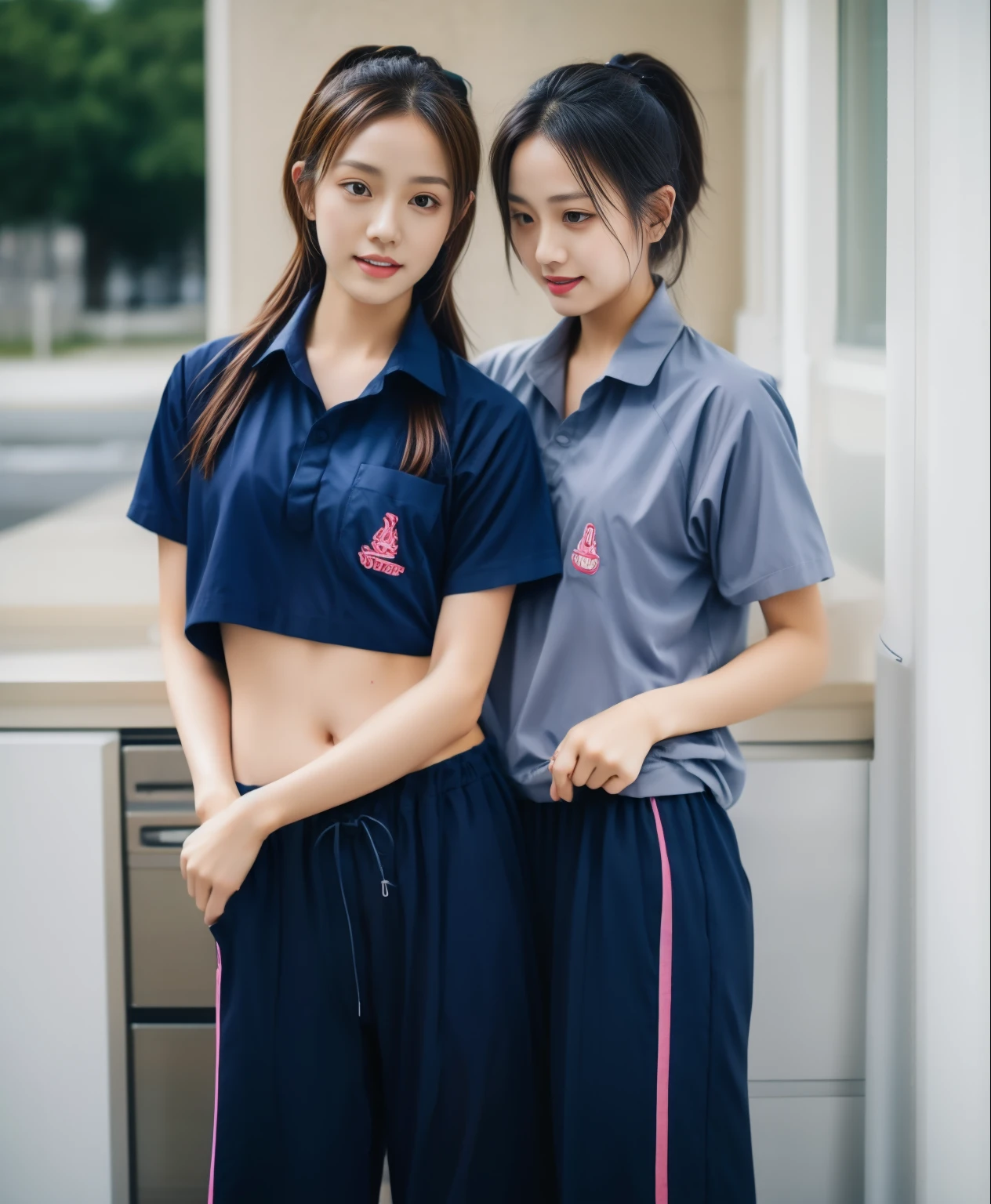 2 girls in the kitchen, Navy blue short-sleeved shirt,Navy Long Trackpant,Sweatpants, Sweatpantsขายาว,25 year old girl, lesbian, , exercise clothes, wet body, exercise clothes