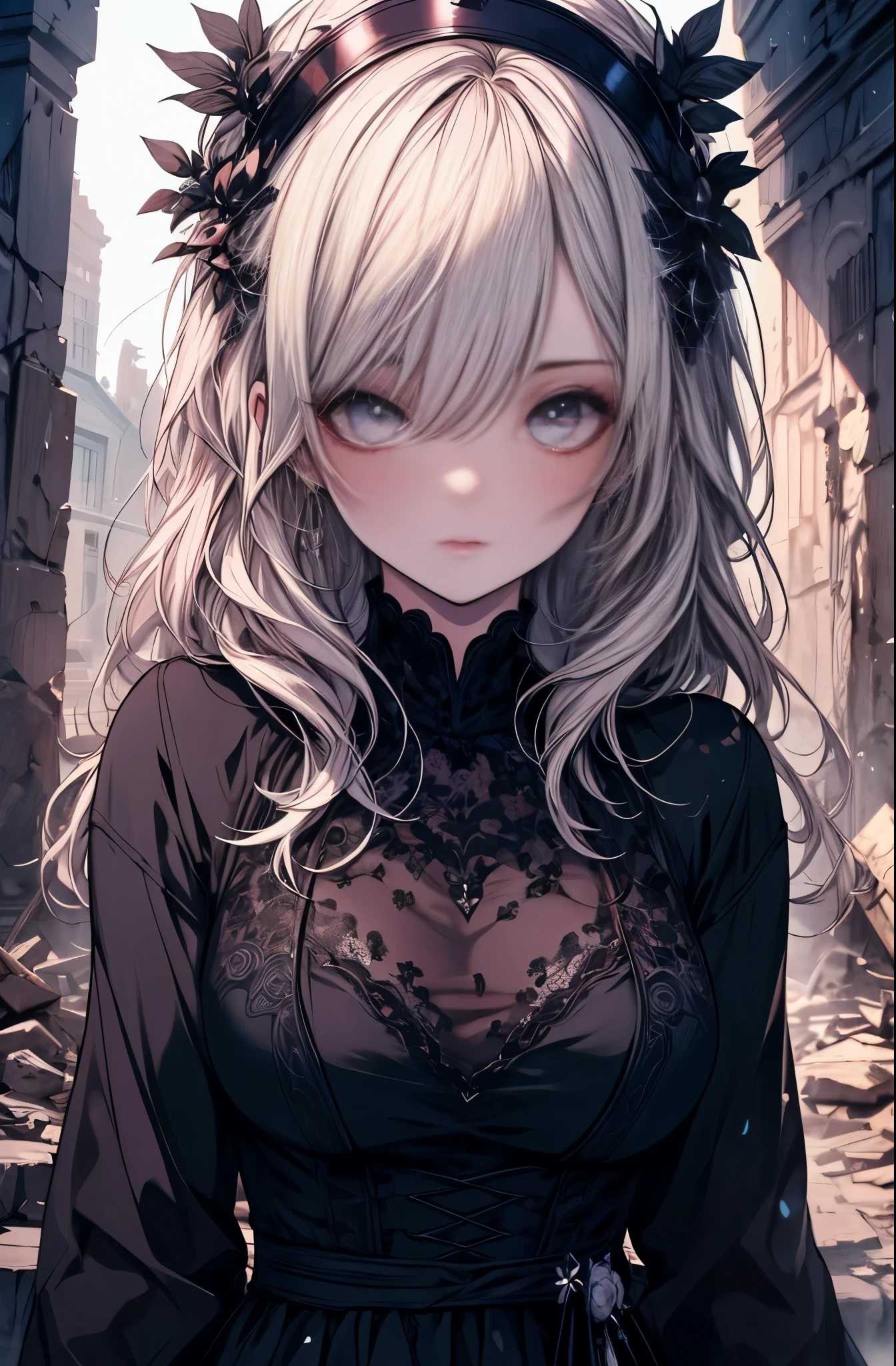 masterpiece, highest quality, 8K, High resolution, detailed, professional camera work, Beautiful woman, Goddess dress, ruins, clear eyes, clearly depicted face, beautiful and well-shaped face, long eyelashes,