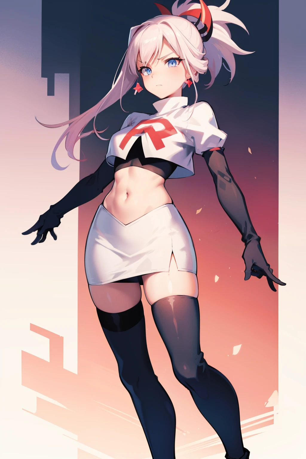 miyamotomusashi, miyamoto musashi, asymmetrical hair, blue eyes, earrings, hair ornament, pink hair, ponytail, sidelocks,team rocket,team rocket uniform, red letter R, white skirt,white crop top,black thigh-highs,black elbow gloves