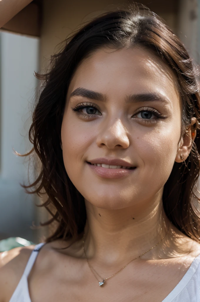 (best quality,highres,ultra-detailed,realistic:1.2), HDR, vivid colors,fabulous lighting,beautiful detailed eyes,beautiful detailed lips,extremely detailed eyes and face,longeyelashes,great contrast,portrait,beautiful skin,curly hair,black hair,colorful background,playful expression,sweet smile,red basketball t-shirt.