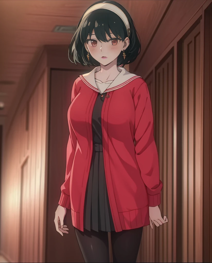 Yor Briar, 1 girl, blush, black hair, hair band, Red eyes,jewelry, earrings, open your mouth, alone, , white hair band, Japan High School Girl Uniform,Black cardigan,pleated skirt,Black pantyhose,Schoolback,city,On the way to school,walking,big breasts, Upper body,exquisite visuals, High resolution,masterpiece,highest quality,exquisite visuals,High resolution,masterpiece,highest quality,18-year-old,young woman,beautiful fingers,beautiful long legs,beautiful body,beautiful character design,