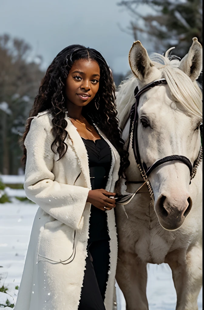 african-american with dark skin woman with long baby curly hair style, in a fur coat standing next to one white horse, white snow forest background