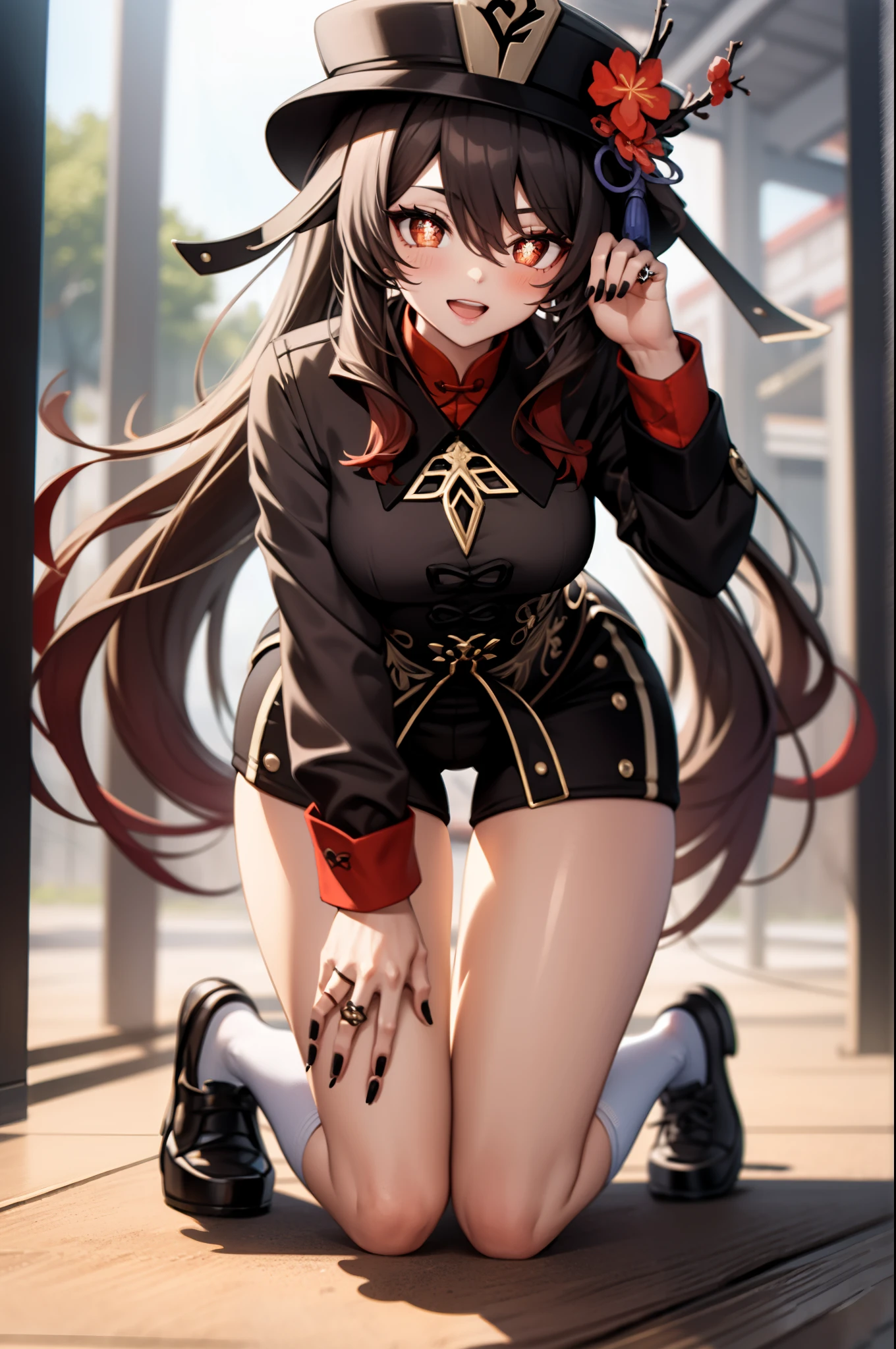 masterpiece, best quality, HuTaoV4, 1girl, solo, looking at viewer, symbol-shaped pupils, flower shaped pupils, blush, smile, open mouth, long sleeves, hat, jewelry, flower, thighs, shorts, socks, nail polish, black headwear, chinese clothes, black shorts, ring, all fours, black nails, hat flower,
