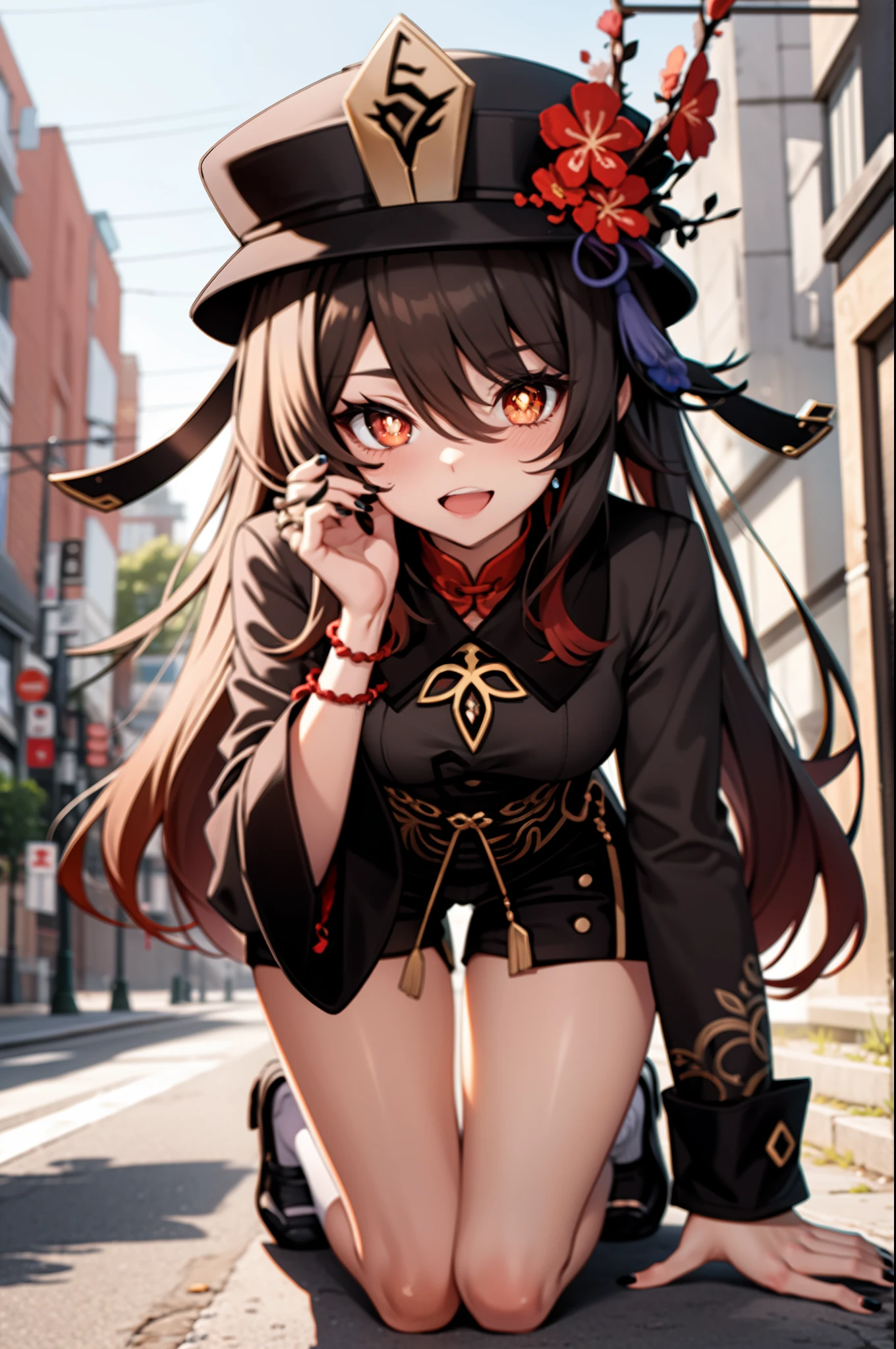 masterpiece, best quality, HuTaoV4, 1girl, solo, looking at viewer, symbol-shaped pupils, flower shaped pupils, blush, smile, open mouth, long sleeves, hat, jewelry, flower, thighs, shorts, socks, nail polish, black headwear, chinese clothes, black shorts, ring, all fours, black nails, hat flower, 