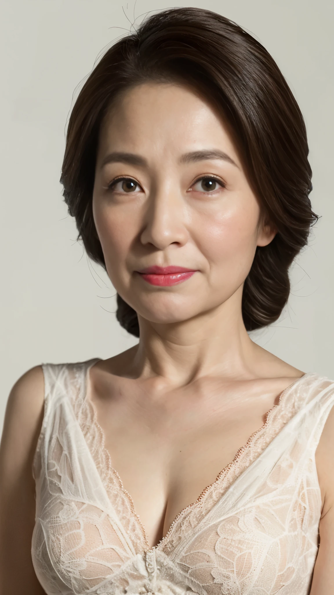 Remove the background, gravure, (long face), describe the lips correctly, red lipstick, from the chest up, elderly AV actress, old face, highest quality, super detailed, realistic, super dense skin, perfect anatomy, (1 Japanese mature woman), (Erotic), 100 years old, big breasts, Bewitching, Glamour, Sexy, pure white skin, looking at the viewer,