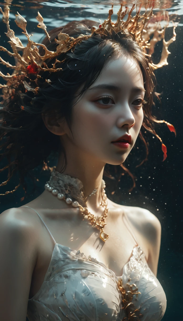 photo RAW, (Black and red : Portrait of a ghostly girl laying in the sea, the sea is black color, bird view, gold and black fishes around, pearls in the sea, highly detailed, intricate motifs, by Android jones, Januz Miralles, Hikari Shimoda, perfect composition, smooth, sharp focus, sparkling particles, Realistic,realism, hd, 35mm photograph, 8k), masterpiece, award winning photography, natural light, perfect composition, high detail, hyper realistic cinematic photo art RAW bird view of a girl in a white dress floating in the sea, blabk colored sea, waterdrops, divine, glass skeleton, skinless:3, biomechanical details, (black sea background), natural lighting, style of h. r. giger,(sharp focus, hyper detailed, highly intricate), . Extremely high-resolution details, photographic, realism pushed to extreme, fine texture, incredibly lifelike,35mm photograph,film,bokeh,professional,4k,