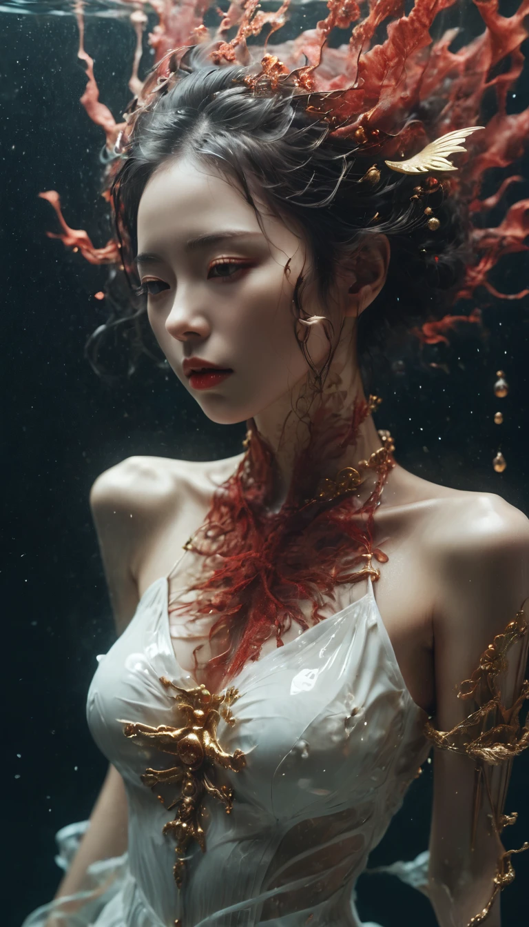 photo RAW, (Black and red : Portrait of a ghostly girl laying in the sea, the sea is black color, bird view, gold and black fishes around, pearls in the sea, highly detailed, intricate motifs, by Android jones, Januz Miralles, Hikari Shimoda, perfect composition, smooth, sharp focus, sparkling particles, Realistic,realism, hd, 35mm photograph, 8k), masterpiece, award winning photography, natural light, perfect composition, high detail, hyper realistic cinematic photo art RAW bird view of a girl in a white dress floating in the sea, blabk colored sea, waterdrops, divine, glass skeleton, skinless:3, biomechanical details, (black sea background), natural lighting, style of h. r. giger,(sharp focus, hyper detailed, highly intricate), . Extremely high-resolution details, photographic, realism pushed to extreme, fine texture, incredibly lifelike,35mm photograph,film,bokeh,professional,4k,