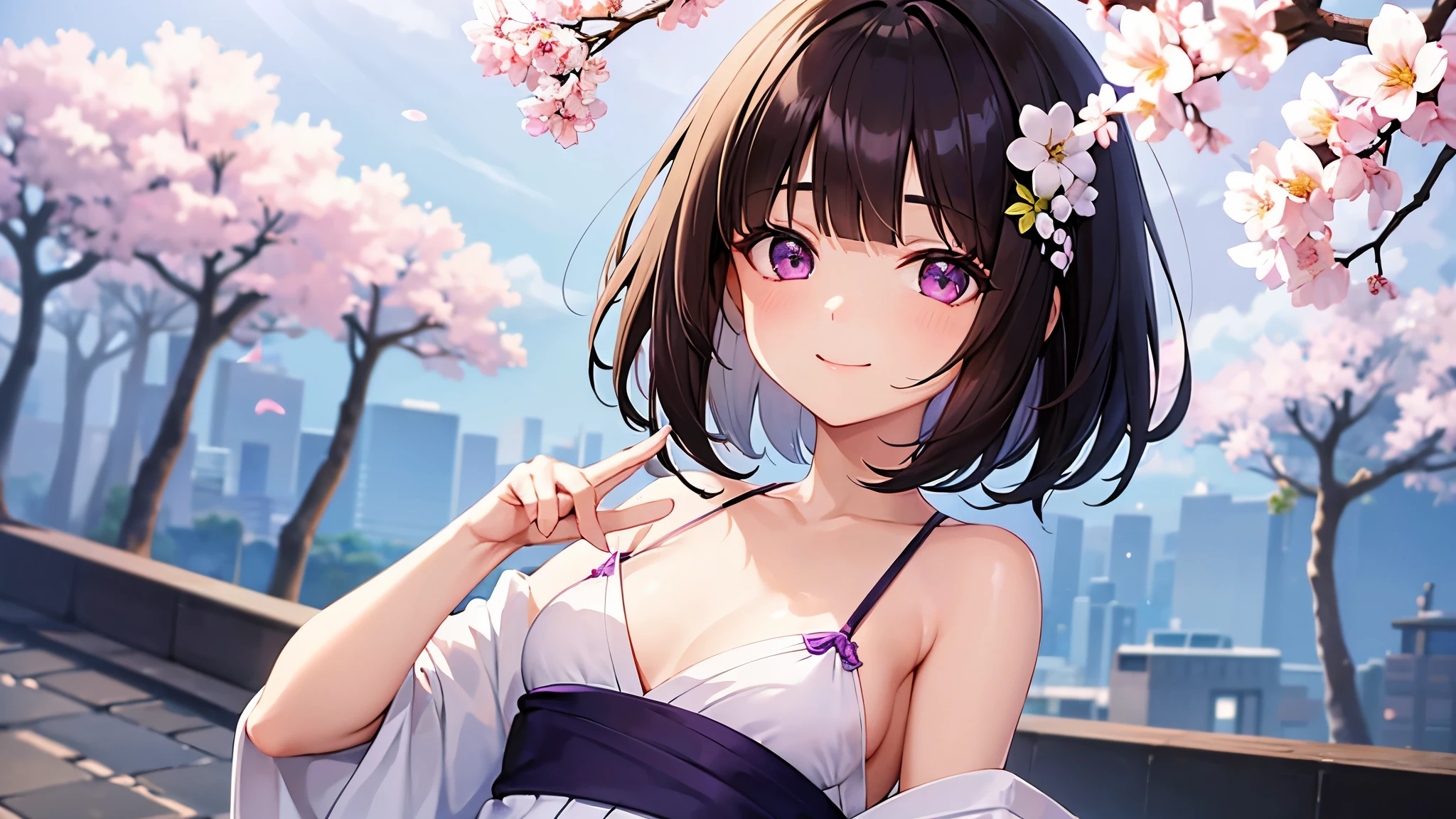 very cute girl、dark brown hair、bob cut、short hair、Violet eyes、smile、Crystal clear white skin、white yukata、。