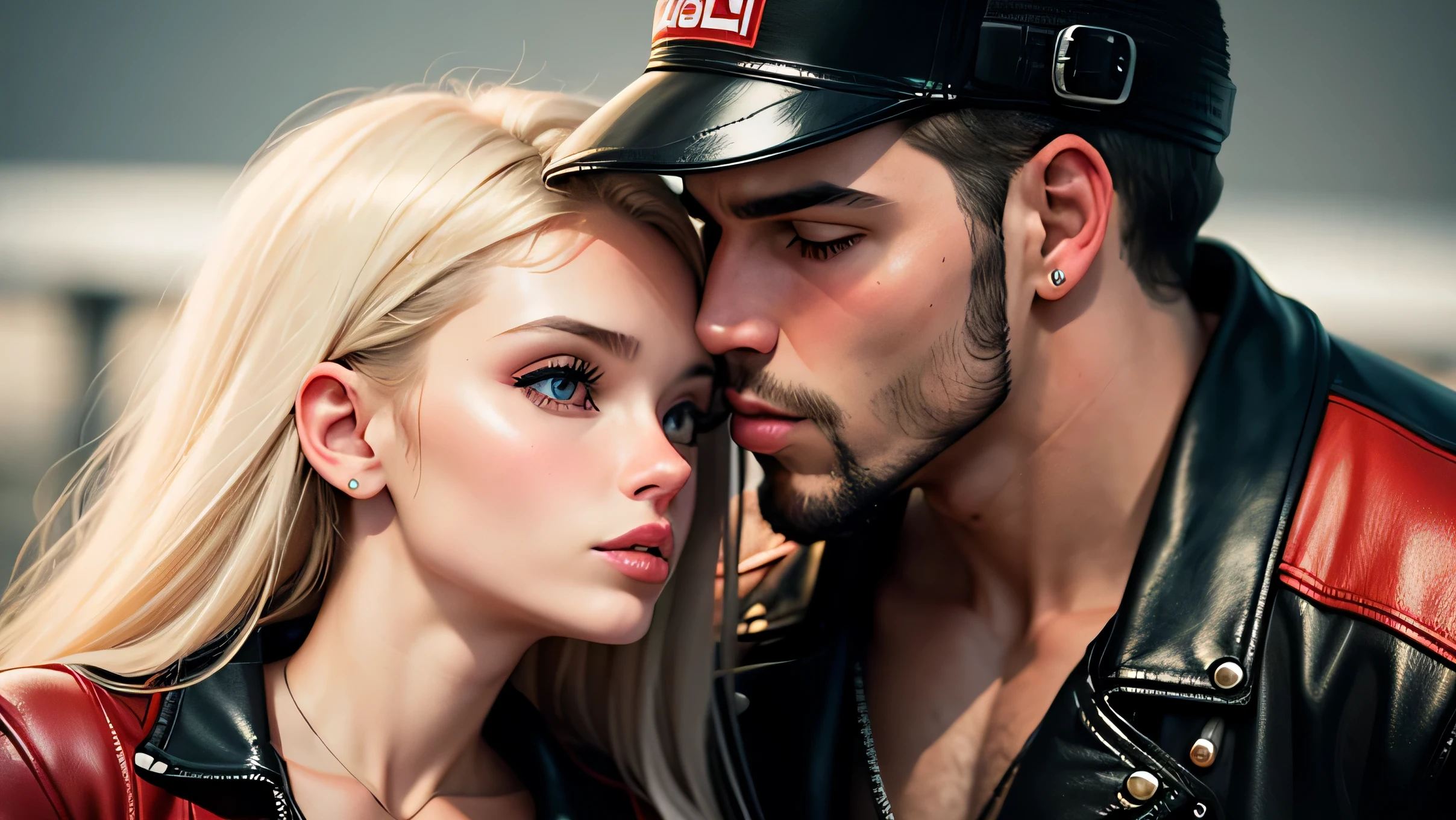 hot girl, kissing a biker
