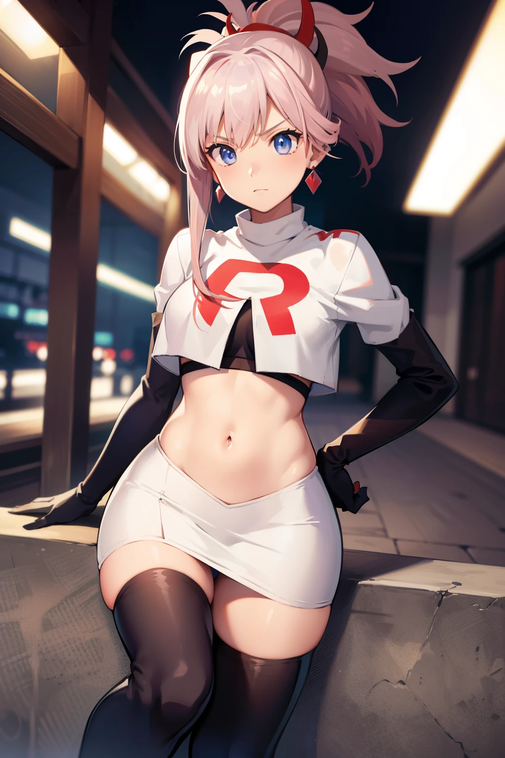 miyamotomusashi, miyamoto musashi, asymmetrical hair, blue eyes, earrings, hair ornament, pink hair, ponytail, sidelocks,team rocket,team rocket uniform, red letter R, white skirt,white crop top,black thigh-highs,black elbow gloves