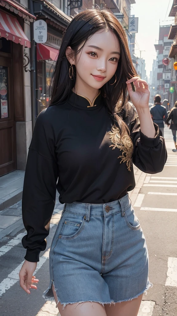 (realistically, masterpiece, 8K HD, Good lighting quality, casual wear, fit snugly on face, intricate details), one，chinese woman, 25 years younger, happy, The smile is bright, Detailed faces, perfect style、combed black hair，casual wear，evening，street、The smile is bright, Detailed faces, delicate eyes,