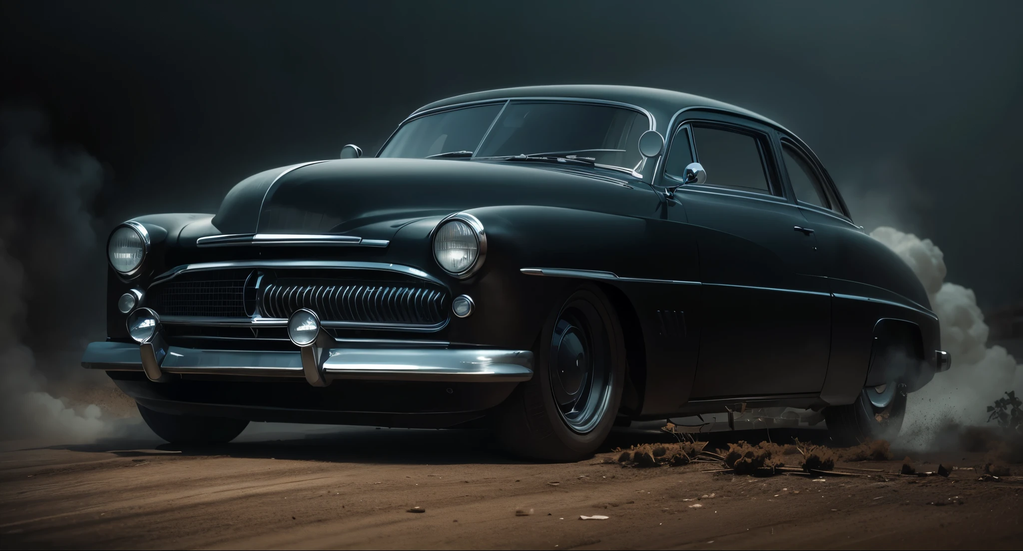 zoom view Generate a cinematic and realistic scene featuring a black Merc 49 with lots of steam in little dark setting with foggy weather in the forest with dead trees