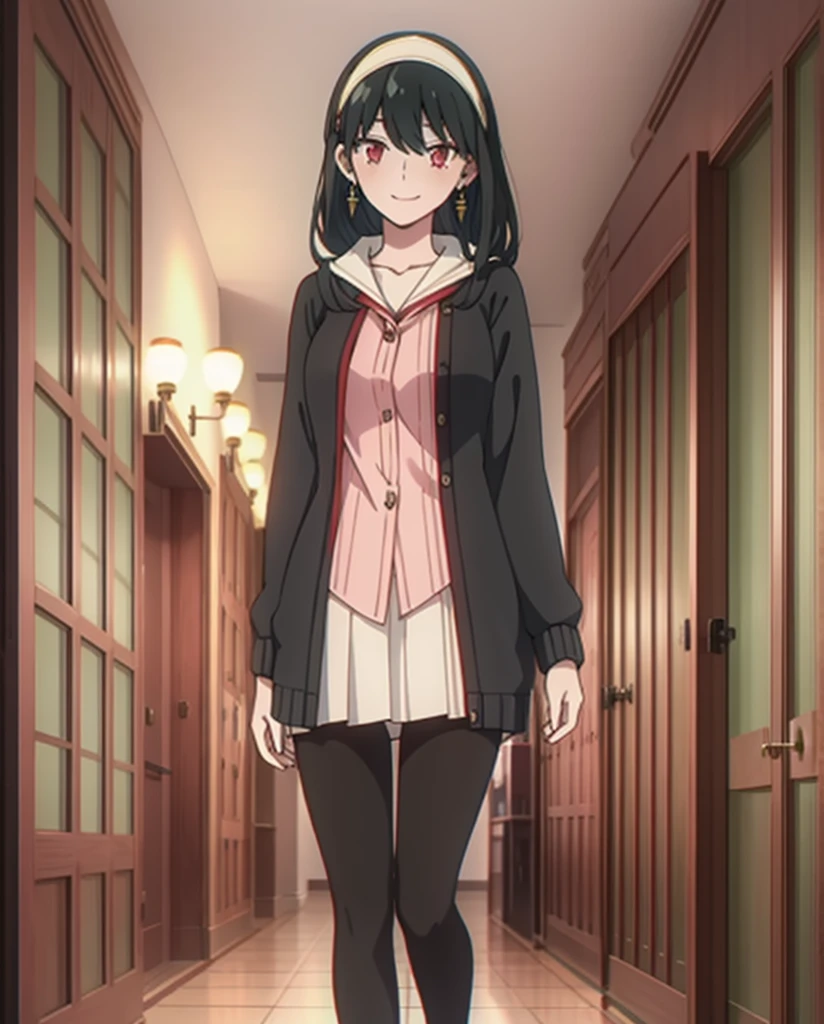 Yor Briar, 1 girl, blush, smile,black hair, hair band, Red eyes,jewelry, earrings, , alone, , white hair band, Japan High School Girl Uniform,Black cardigan,pleated skirt,Black pantyhose,Schoolback,In town,On the way to school,walking,big breasts, Upper body,exquisite visuals, High resolution,masterpiece,highest quality,exquisite visuals,High resolution,masterpiece,highest quality,18-year-old,young woman,beautiful fingers,beautiful long legs,beautiful body,beautiful character design,