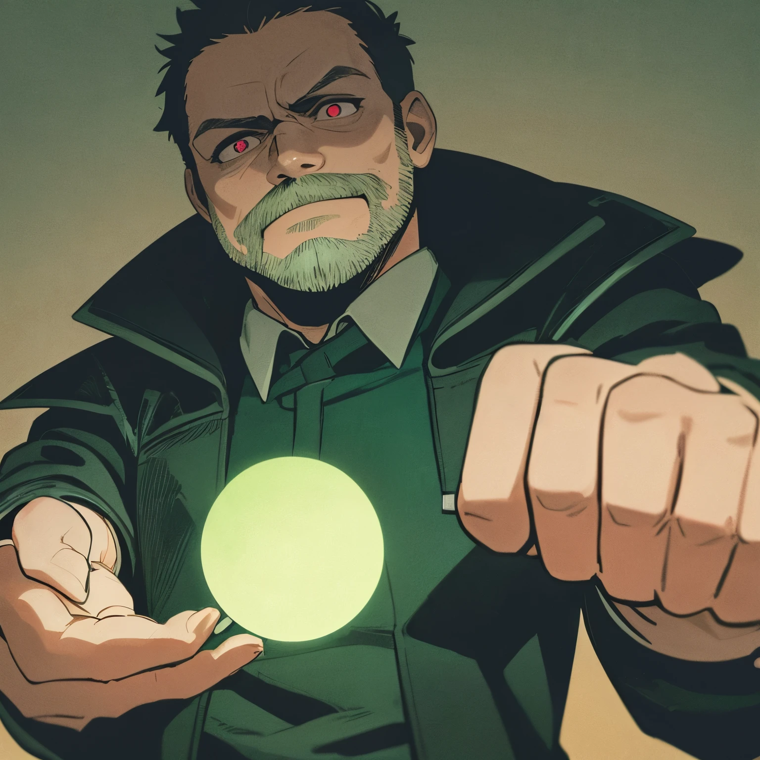 Anime style, flat colours, (middle aged man:1.4), short beard, solo, short black hair, demon horns, dark circles around eyes, shadowy eyes, unsettling stare, scary smirk, creepy looking, kubrick stare, black leather duster coat, mischievous expression, smirking, clenched fists, (holding dark green orb:1.2), dark green orb,