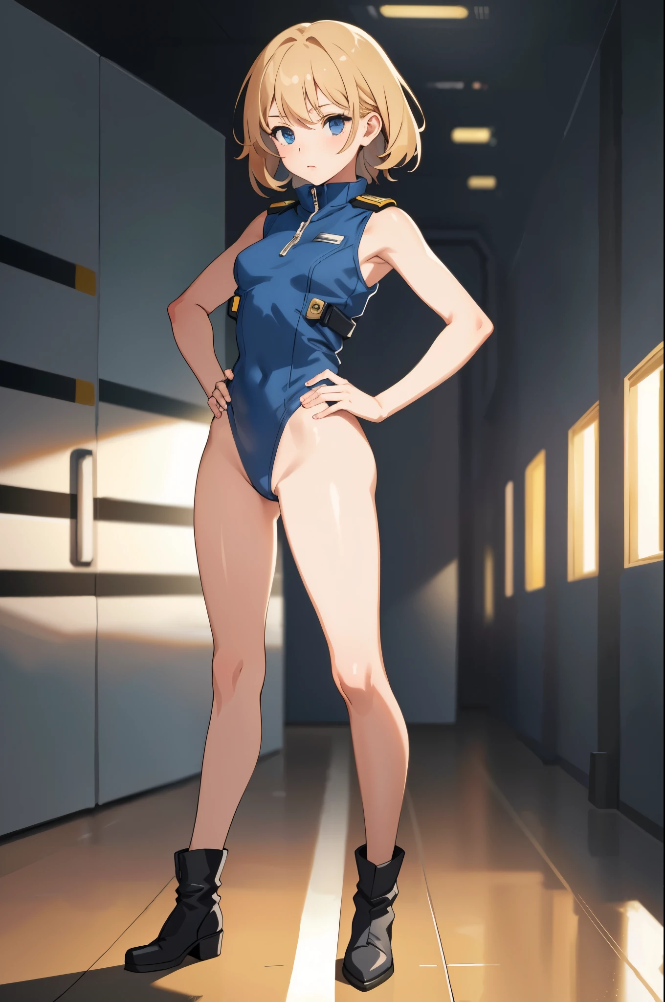 (masterpiece),( best quality), 1girl, pilot, leotard, bare legs, boots, solo, solo focus, sleeveless, hands on hip, standing, full body shot