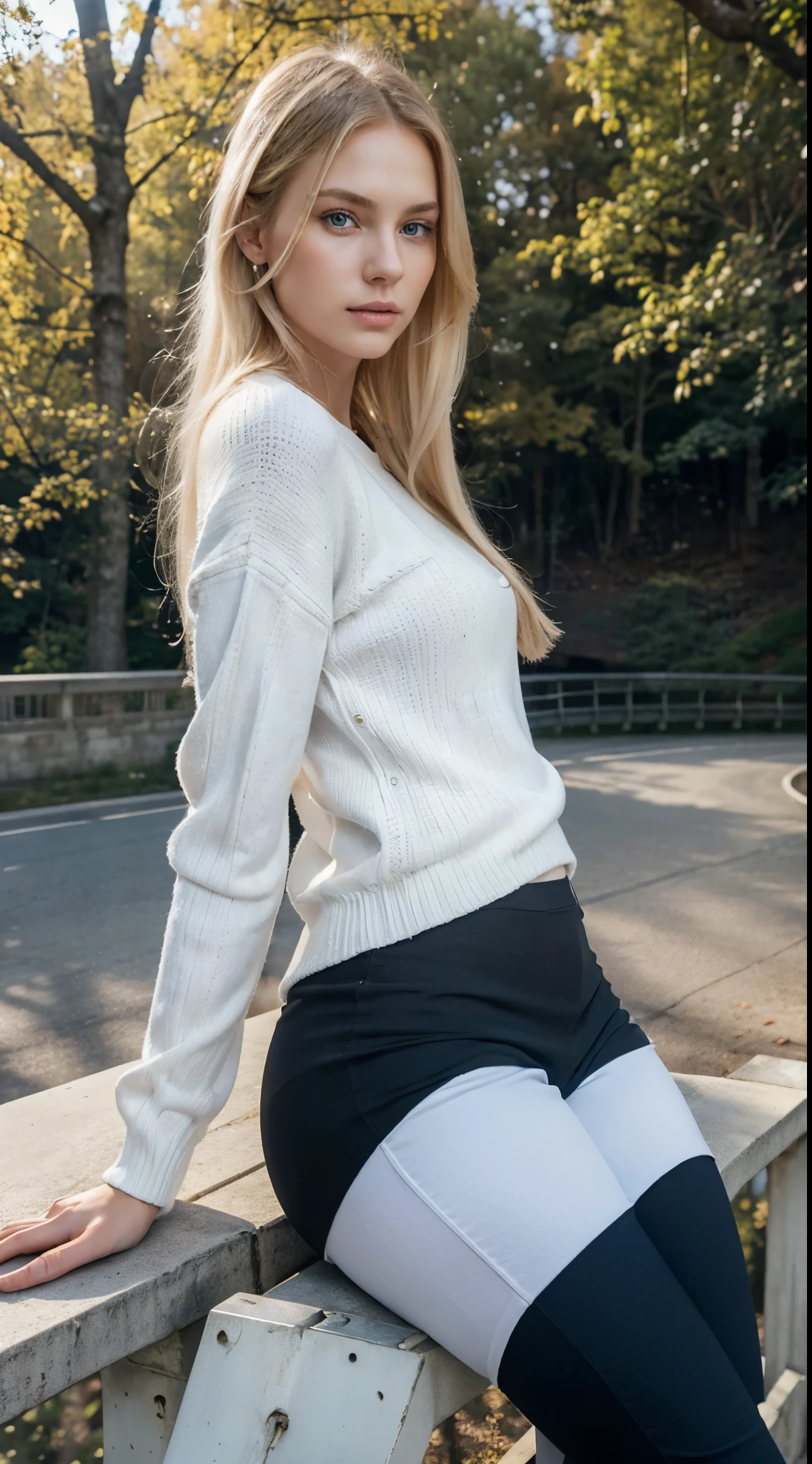 A beautiful woman with a long, slender face, blond hair reaching down to her back, and a tall, model-like figure. Bright white skin big blue eyes Wear a white sweater Wear tight black pants. Sitting on the edge of a bridge in a park, every detail is clear, 3D CG images, every detail is realistic, 8k quality.