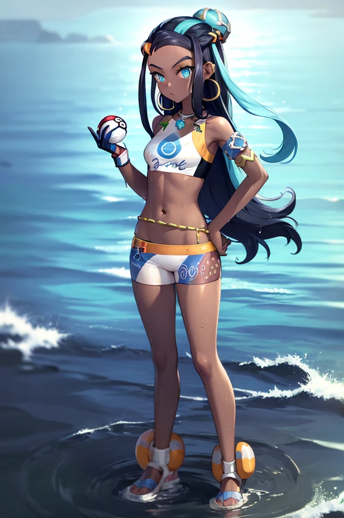 masterpiece, best quality, 1girl, nessa, black hair, blue hair,  long hair,  multicolored hair, blue eyes, blue hair,dark skin, single hair bun,  armlet, belly chain, bikini, crop top, shorts, full body, single glove, hand on hip,  hoop earrings, necklace, looking at viewer, midriff,  navel,  solo, standing, poke ball, sky, water, wet, sea 