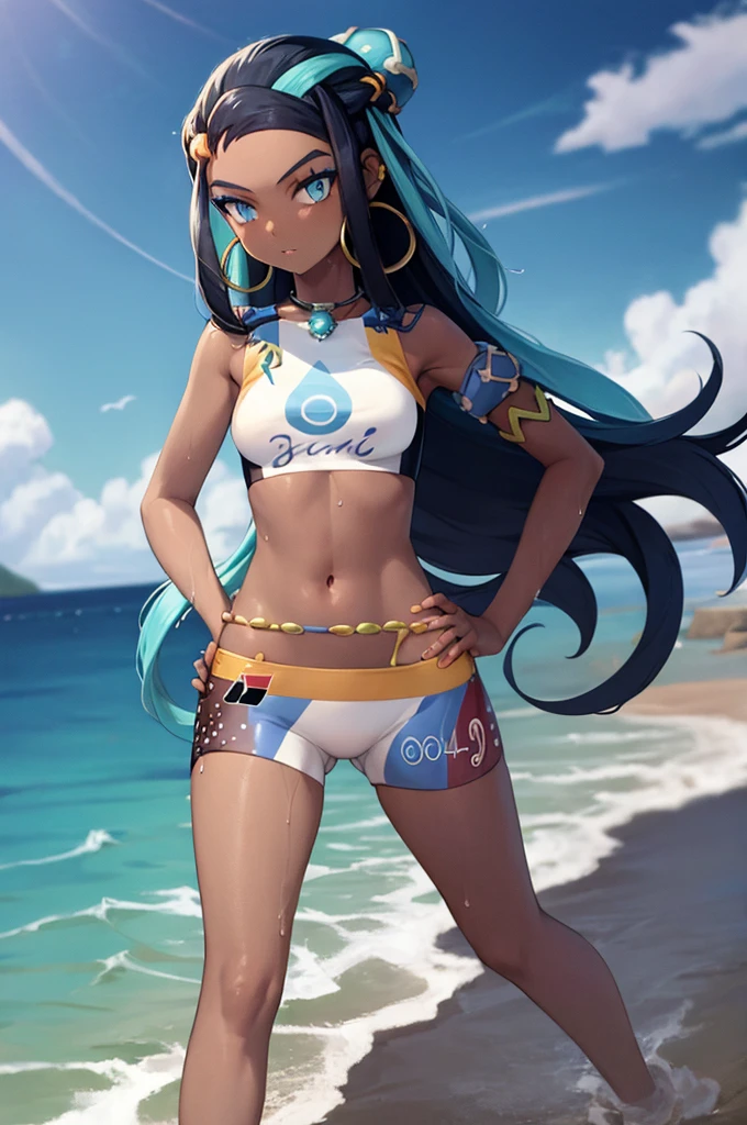 masterpiece, best quality, 1girl, nessa, black hair, blue hair, long hair, multicolored hair, blue eyes, blue hair,dark skin, single hair bun, armlet, belly chain, bikini, crop top, shorts, full body, single glove, hand on hip, hoop earrings, necklace, looking at viewer, midriff, navel, solo, standing, poke ball, sky, water, wet, sea