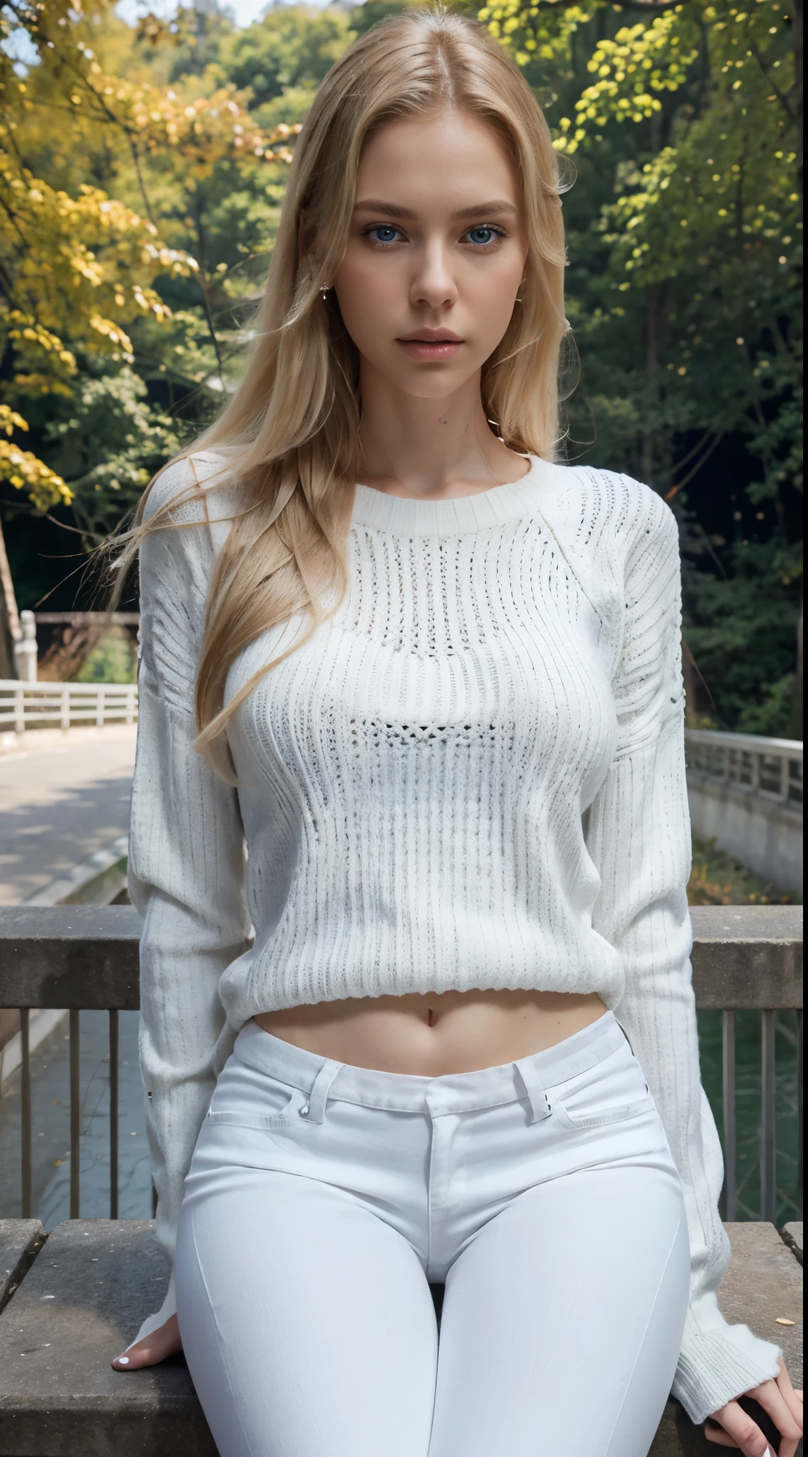 A beautiful woman with a long, slender face, blond hair reaching down to her back, and a tall, model-like figure. Bright white skin big blue eyes Wear a white sweater Wear tight black pants. Sitting on the edge of a bridge in a park, every detail is clear, 3D CG images, every detail is realistic, 8k quality.