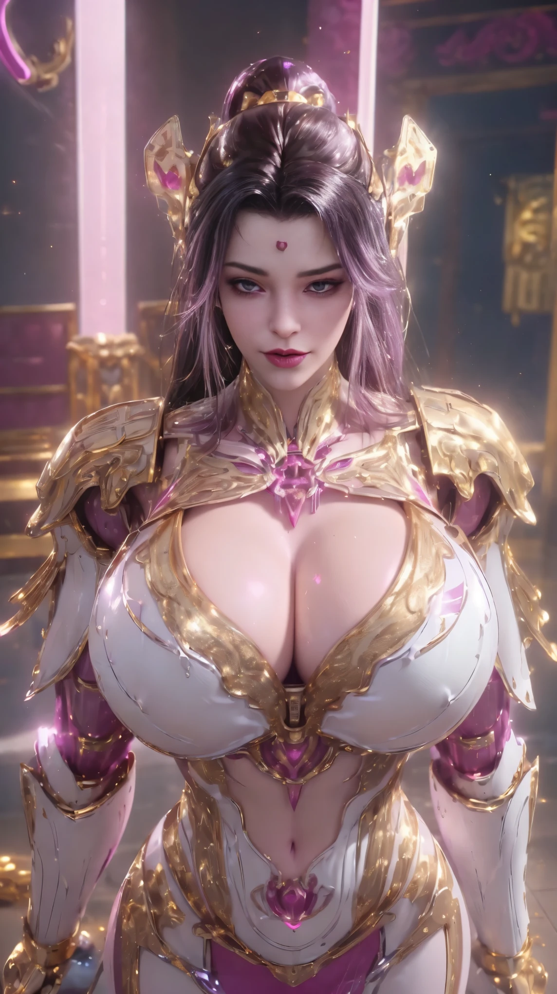 ((Nsfw:1.7,)),A BUSTY MILF, PORTRAIT,UPPER BODY,SOLO,(BEAUTY PURPLE HAIR, GOLD DRAGON HORN), (MASSIVE FAKE BOOBIES,CLEAVAGE TOP,MUSCLE ABS:1.5), (((LED MAGENTA, WHITE, GOLD LINE) SHINY ROBOT MECHANICAL BRA:1.5)),(CURVY VOLUPTUOUS BODY MATURE WOMAN:1.5), (SWEATY GLOSSY BODYSKIN:1.5), (LOOKING AT VIEWER:1.5),(BACKGROUND FUTURISTIC SPACE STATION:1), (PHOTOREALSITIC:1.4), (ULTRA-DETAILLIERT), (TOP-QUALITY), (BEST SHADOWS), BRIGHT LIGHT IN ROOM, HYPER TEXTURE, (4X MSAA), ((UNREAL ENGINE 5 RENDER)), PHYSICALLY-BASED RENDERING, ULTRA HIGHT DEFINITION, 16K, 1080P.