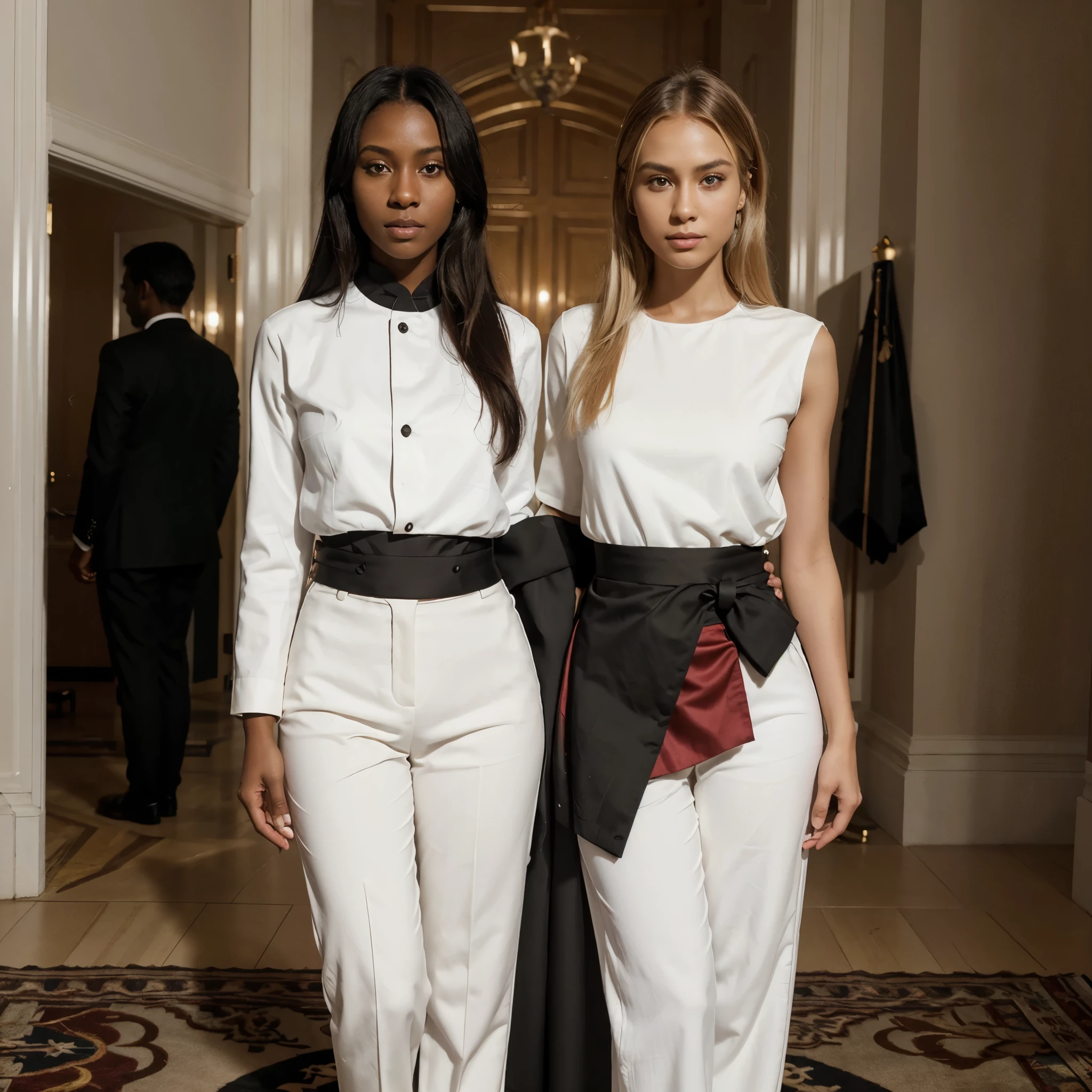 8k, RAW photo, best quality, ultra high resolution, photorealistic, (realistic photo of two girls), realistic photo of (skinny ebony girl, dark skin, black hair) and (norvegian blonde girl, white skin, blonde hair) standing together, full body portrait, in the palace, wearing tuxedo, tuxedo, tuxedo pants, tuxedo jacket, looking at viewer, smirking, (extremely detailed CG unity 8k wallpaper), Sharp focus, dramatic, (bright light)
