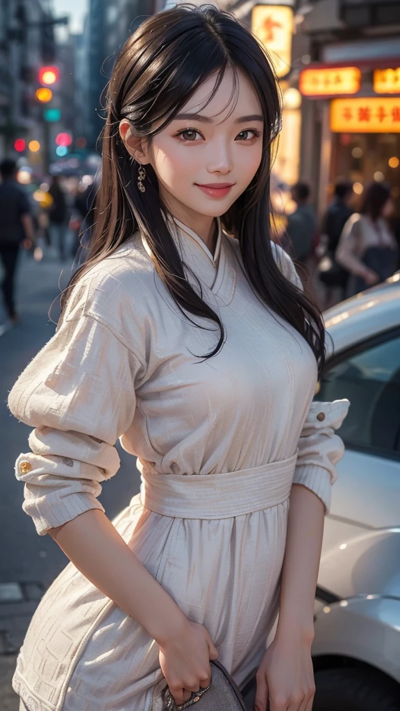 (realistically, masterpiece, 8K HD, Good lighting quality, casual wear, fit snugly on face, intricate details), one,chinese woman, 25 years younger, happy, The smile is bright, Detailed faces, perfect style、combed black hair,casual wear,evening,street、The smile is bright, Detailed faces, delicate eyes,