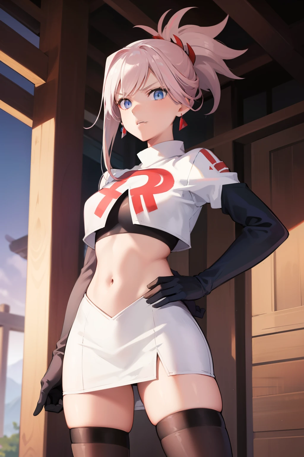 miyamotomusashi, miyamoto musashi, asymmetrical hair, blue eyes, earrings, hair ornament, pink hair, ponytail, sidelocks,team rocket,team rocket uniform, red letter R, white skirt,white crop top,black thigh-highs,black elbow gloves