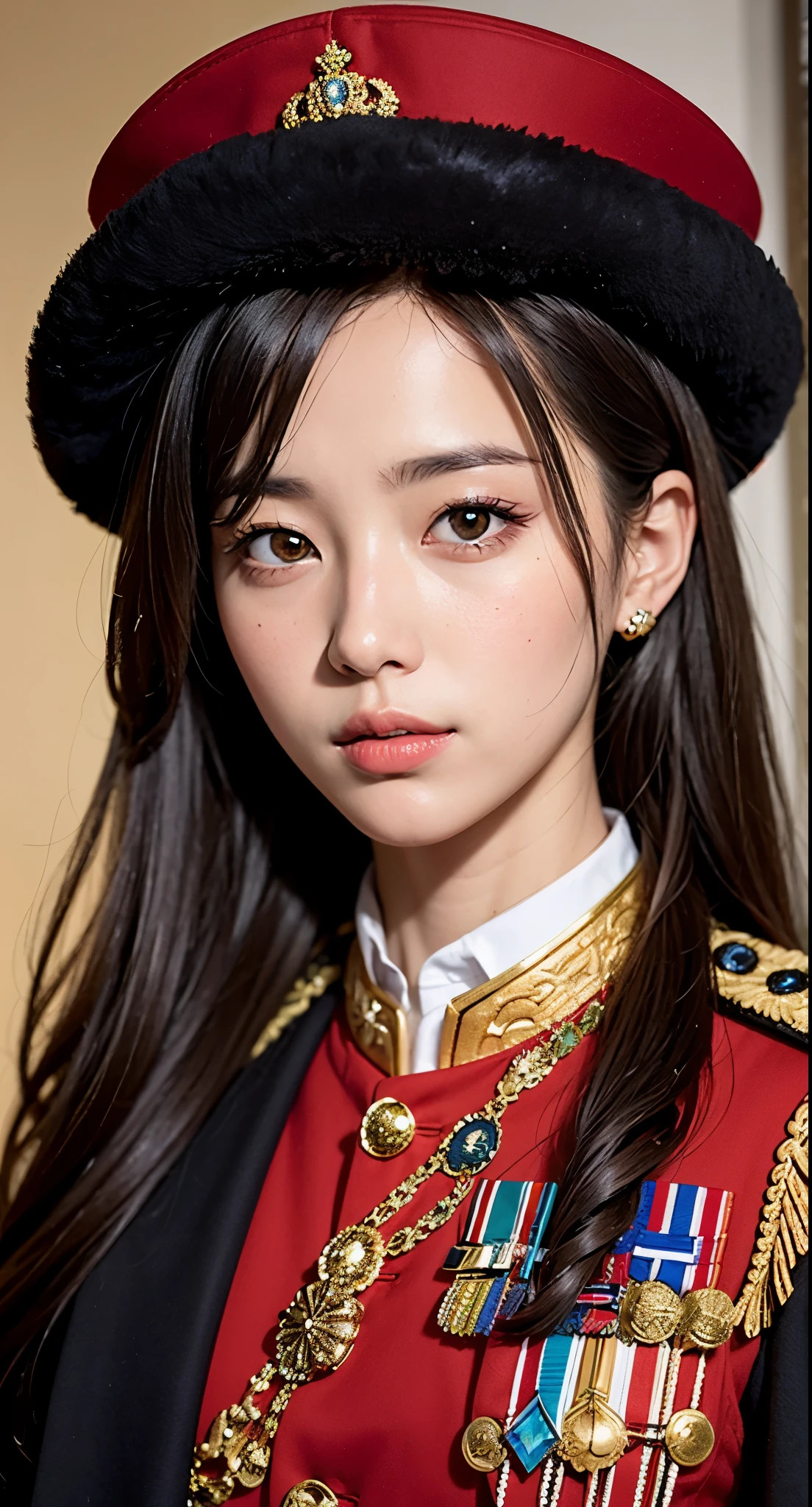 Close up a woman red eyes and long hair  wearing royal military uniform with cloak