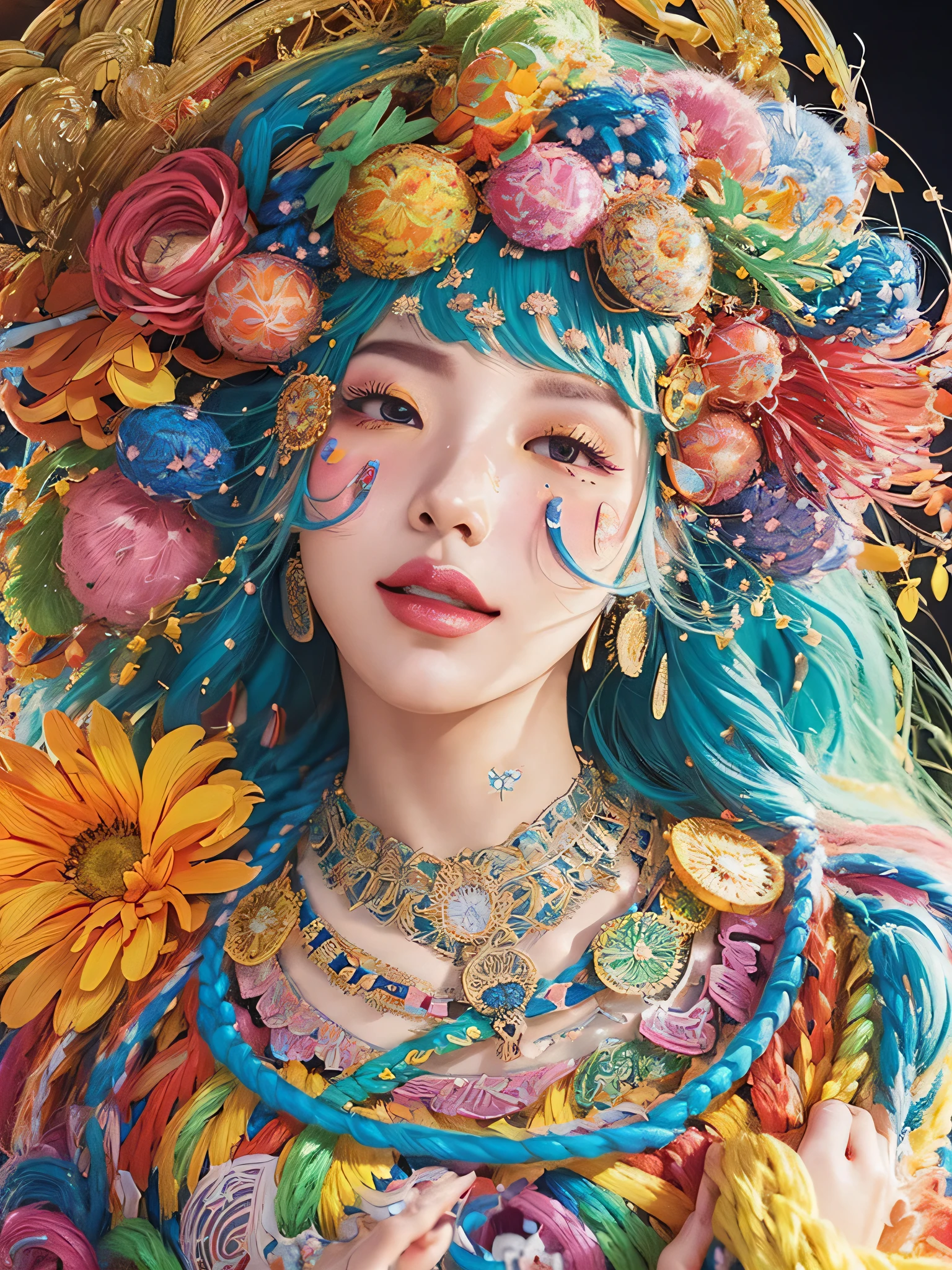 official art、pure 8k wallpaper、Super detailed、beauty and aesthetic、masterpiece、highest quality、(ゼンtangle、mandala、tangle、tangle,:1.5)、(fractalアート:1.3)、(colorful color pendulum)、(photorealistic stick:1.2)、sharp focus、1 girl、Accurate anatomy body and hands、4 fingers and 1 thumb、Femme Fatale、Front facing、very detailed、bright smile、huge breasts、navel、Sexy thighs、sensual curves、(dynamic pose、Changing the Pose、dynamic angle,)、(cowboy shot)、The most beautiful chaotic shapes、elegant、fauvism design、(bright colors、romantic atmosphere,)、happy mood、beautiful paintings、Bright colors、Psychedelic imagery、LSD、mandala、fractal、hippy、ecstasy note、 I can see the flowing notes、(I don't draw weird fingers.)、lighting from the front、(Please do not draw the nipples and areolas.)、