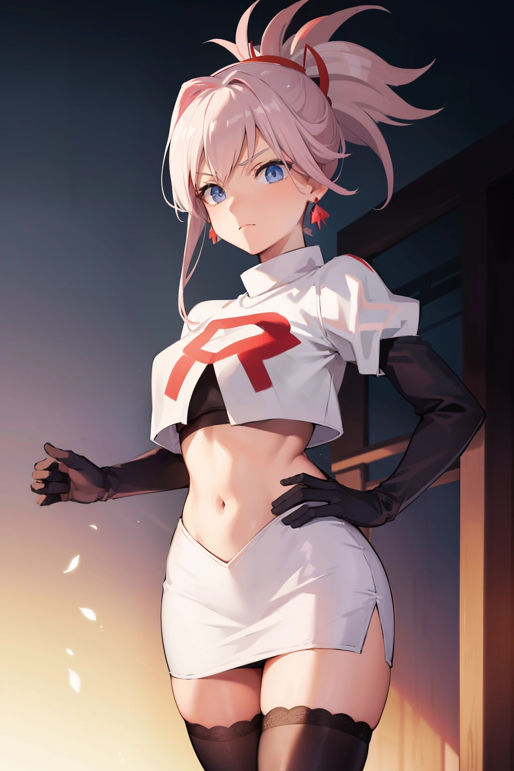 miyamotomusashi, miyamoto musashi, asymmetrical hair, blue eyes, earrings, hair ornament, pink hair, ponytail, sidelocks,team rocket,team rocket uniform, red letter R, white skirt,white crop top,black thigh-highs,black elbow gloves