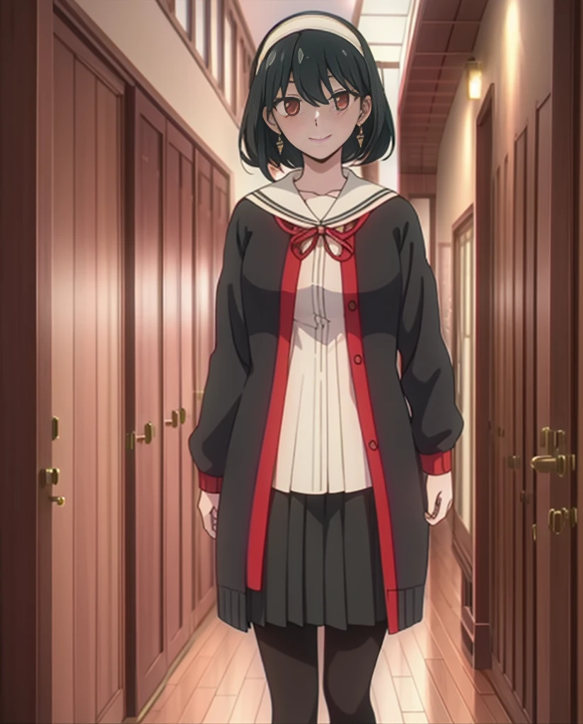Yor Briar, 1 girl, blush, close your mouth,smile,black hair, hair band, Red eyes,jewelry, earrings, , alone, , white hair band, Japan High School Girl Uniform,red ribbon,Black cardigan,pleated skirt,Black pantyhose,Schoolback,In town,On the way to school,walking,big breasts, Upper body,exquisite visuals, High resolution,masterpiece,highest quality,exquisite visuals,High resolution,masterpiece,highest quality,18-year-old,young woman,beautiful fingers,beautiful long legs,beautiful body,beautiful character design,