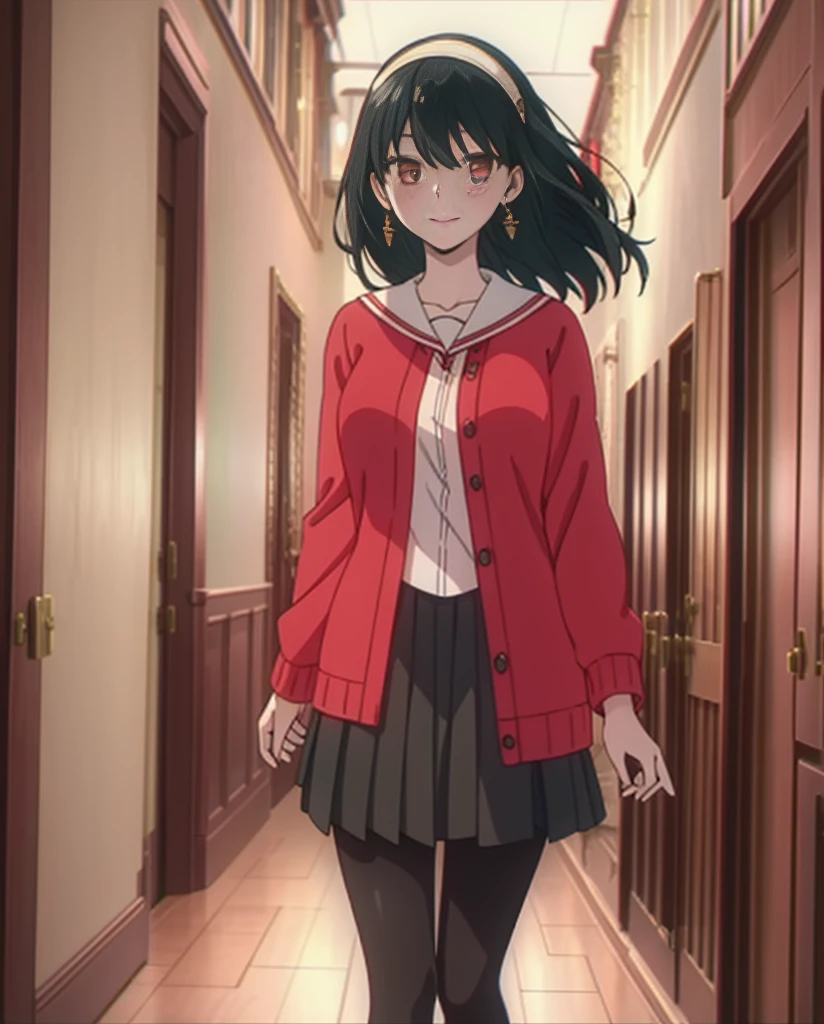 Yor Briar, 1 girl, blush, close your mouth,smile,black hair, hair band, Red eyes,jewelry, earrings, , alone, , white hair band, Japan High School Girl Uniform,red ribbon,Black cardigan,pleated skirt,Black pantyhose,Schoolback,In town,On the way to school,walking,big breasts, Upper body,exquisite visuals, High resolution,masterpiece,highest quality,exquisite visuals,High resolution,masterpiece,highest quality,18-year-old,young woman,beautiful fingers,beautiful long legs,beautiful body,beautiful character design,