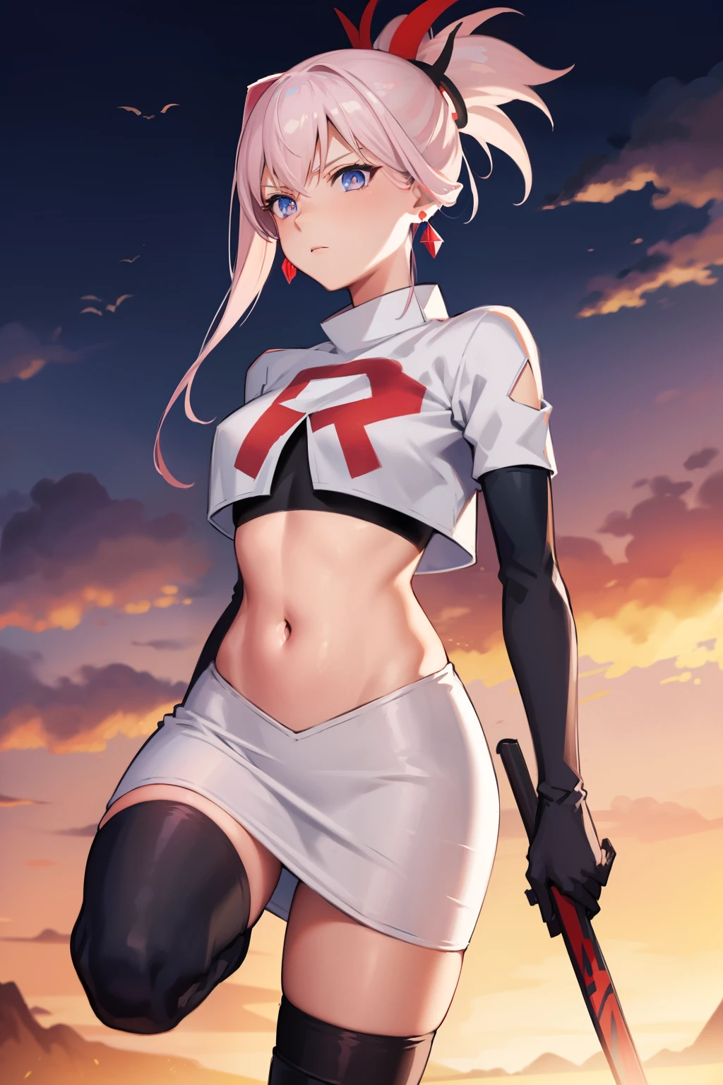 miyamotomusashi, miyamoto musashi, asymmetrical hair, blue eyes, earrings, hair ornament, pink hair, ponytail, sidelocks,team rocket,team rocket uniform, red letter R, white skirt,white crop top,black thigh-highs,black elbow gloves