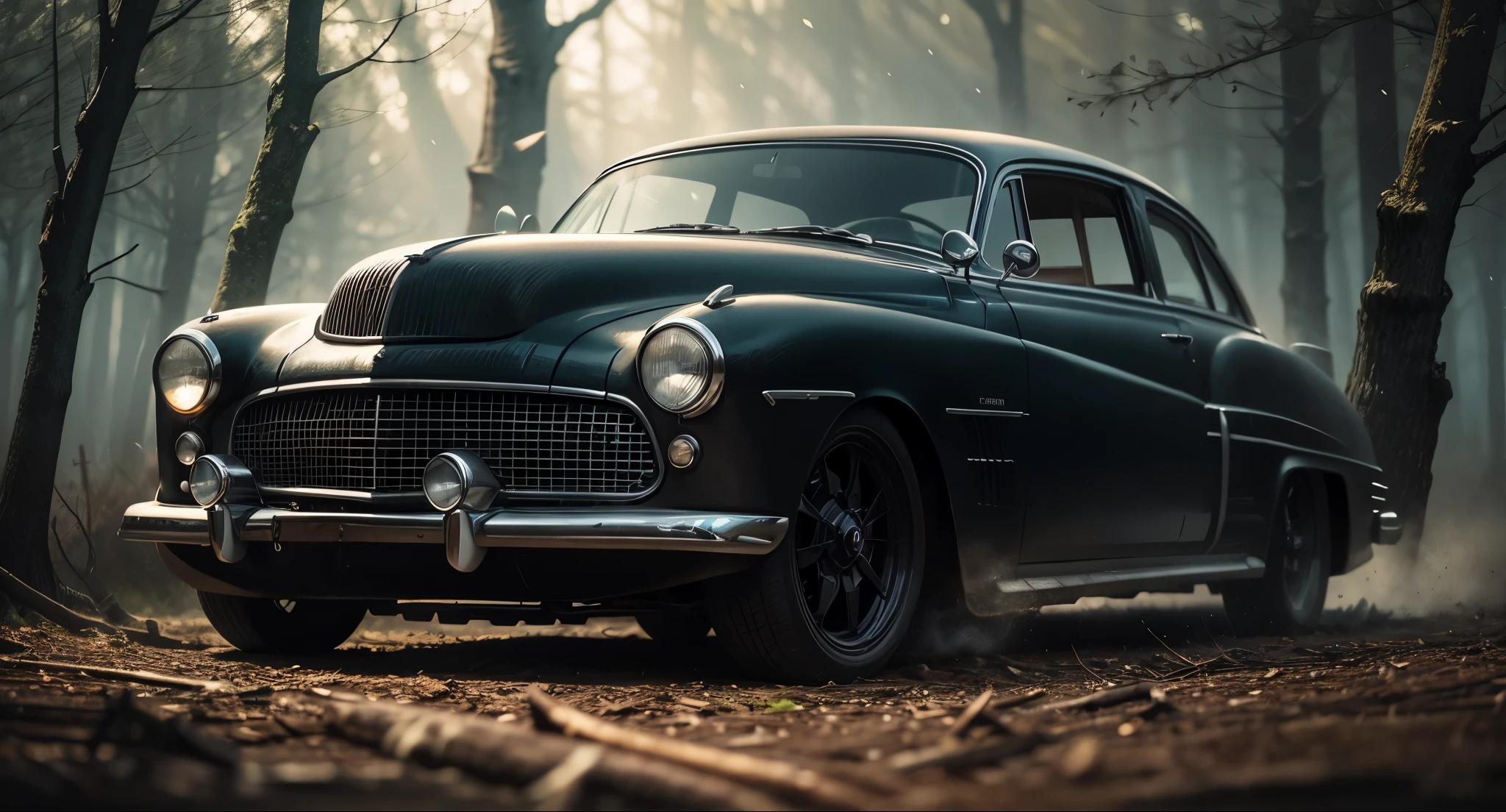 zoom view Generate a cinematic and realistic scene featuring a black Merc 49 with lots of steam in little dark setting with foggy weather in the forest with dead trees