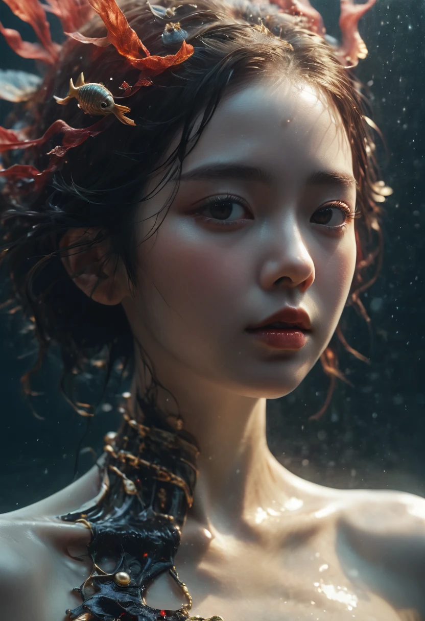 photo RAW, (Black and red : Portrait of a ghostly girl laying in the sea, the sea is black color, bird view, gold and black fishes around, pearls in the sea, highly detailed,  intricate motifs, by Android jones, Januz Miralles, Hikari Shimoda, perfect composition, smooth, sharp focus, sparkling particles, Realistic,realism, hd, 35mm photograph, 8k), masterpiece, award winning photography, natural light, perfect composition, high detail, hyper realistic cinematic photo art RAW bird view of a girl in a white dress floating in the sea, blabk colored sea, waterdrops, divine, glass skeleton, skinless:3, biomechanical details, (black sea background), natural lighting, style of h. r. giger,(sharp focus, hyper detailed, highly intricate), . Extremely high-resolution details, photographic, realism pushed to extreme, fine texture, incredibly lifelike,35mm photograph,film,bokeh,professional,4k,