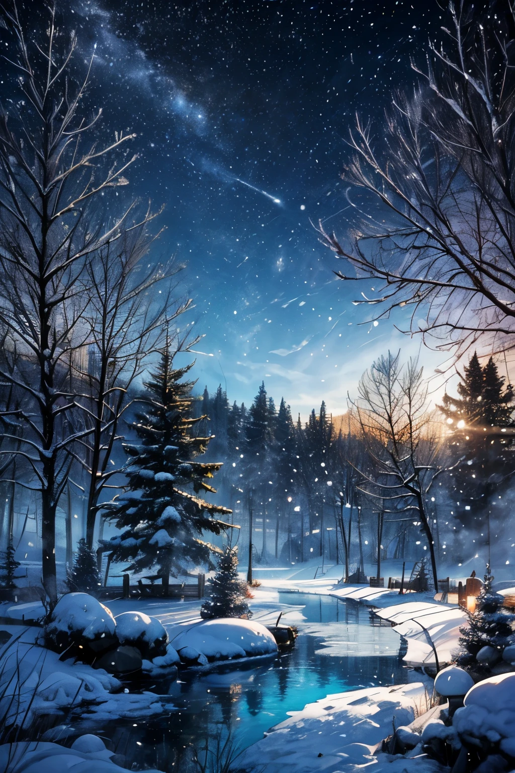 (La mejor calidad,4k,8k,Altas Resoluciones,Obra maestra:1.2),Ultra detallado,realista,Winter Wonderland,panorama view,christmas tree,nieve brillante,Luces brillante,,Noche tranquila y silenciosa,c ielo estrellado dorado,copos de nieve blancos y esponjosos,dreamy winter scene,magical atmosphere,tonos suaves de invierno,Festive spirit,nevadas delicadas,,entorno natural sereno,aire fresco y fresco,aventura invernal sin fin,crackling firewood,adornos y decoraciones,regalos envueltos,friendly snowman