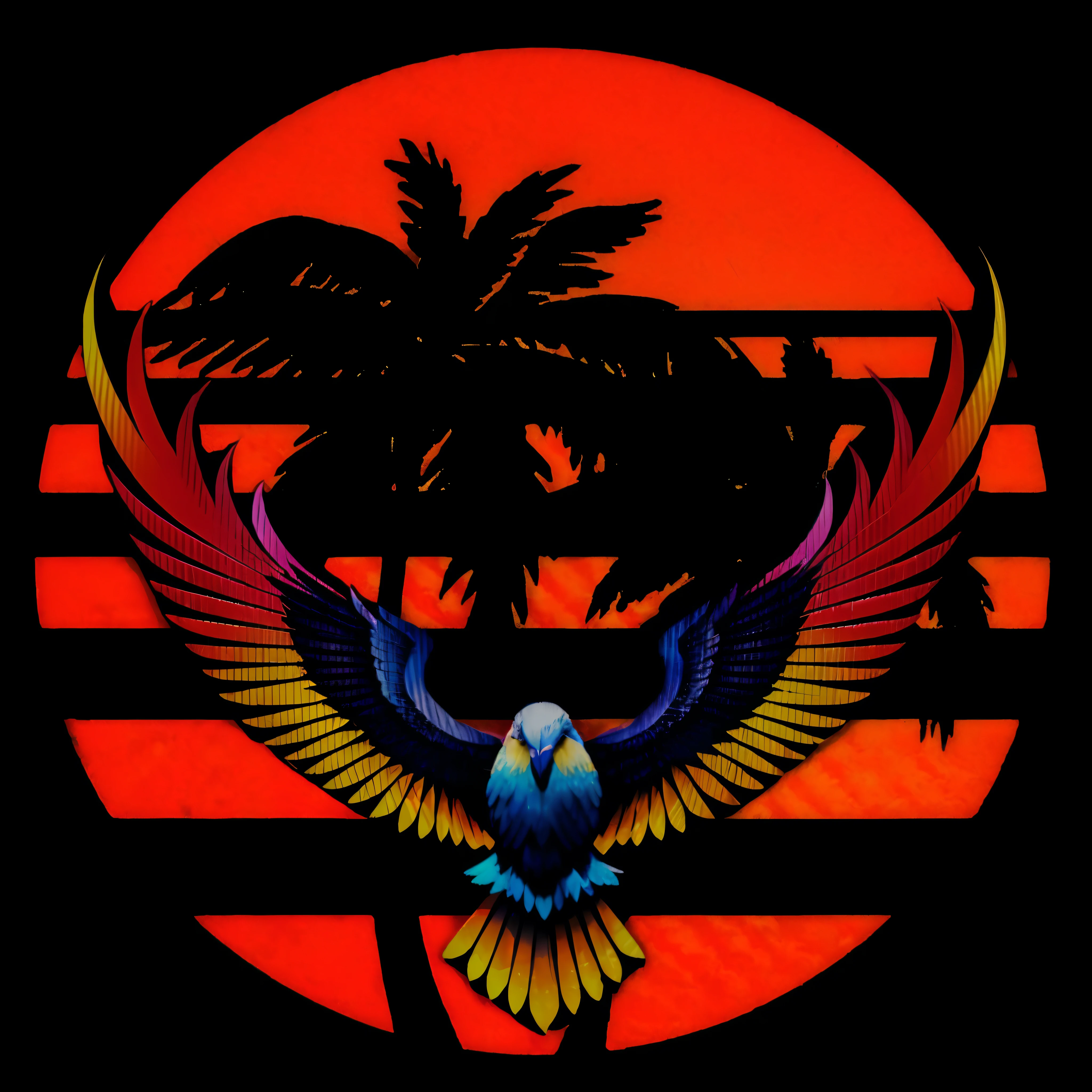 arafed image of a bird with wings spread out in front of a sunset, red sun over paradise, vaporwave sunset, gta vice city style art, miami synthwave, eagle logo, with an eagle emblem, outrun style and colours, synthwave sunset, phoenix, outrun art style, from hotline miami, 80s outrun, sunset south