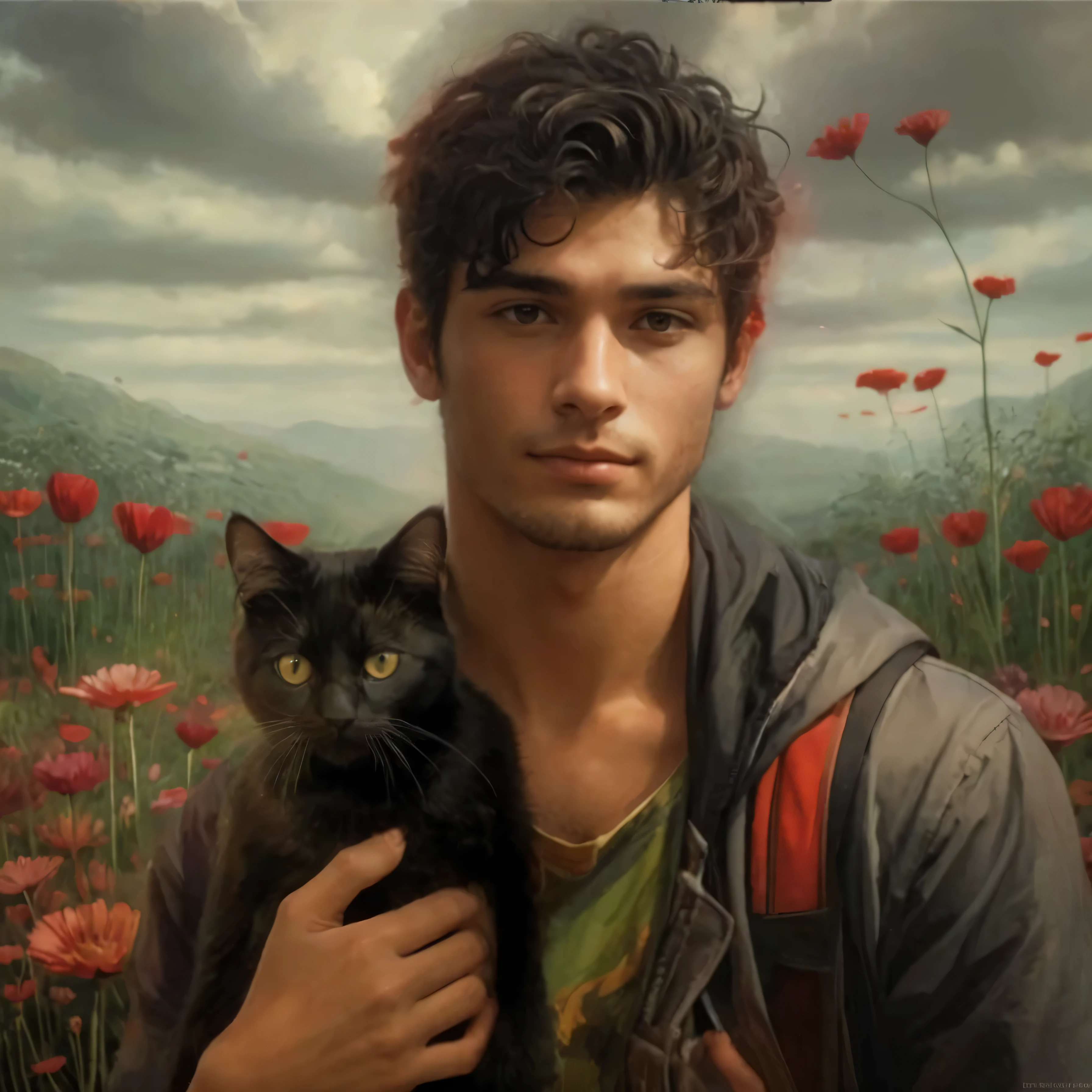 The image shows a young handsome man holding a black cat in his arms, . The man is wearing a backpack and the two are in a field of flowers. Flowers are scattered around them, criando uma atmosfera linda e serena. The man and the cat appear to be enjoying each other&#39;s company in this picturesque setting.