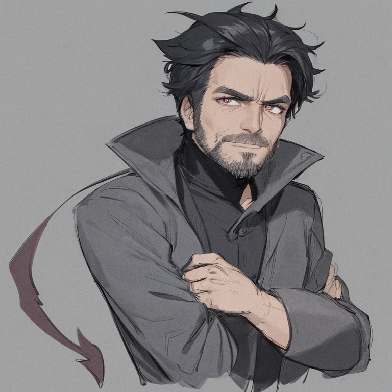 Anime style, flat colours, (middle aged man:1.4), short beard, solo, short black hair, demon horns, dark circles around eyes, shadowy eyes, unsettling stare, scary smirk, creepy looking, kubrick stare, black leather duster coat, mischievous expression, smirking, clenched fists, gray orb,