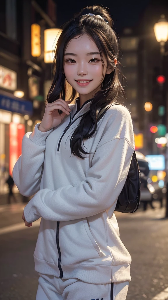 (realistically, masterpiece, 8K HD, Good lighting quality, Sportswear, fit snugly on face, intricate details), one,chinese woman, 25 years younger, happy, The smile is bright, Detailed faces, perfect style、combed black hair,Sportswear,evening,street、The smile is bright, Detailed faces, delicate eyes,