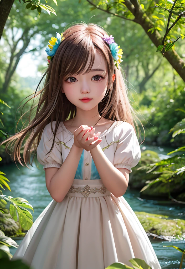 girl in a forest with floating flowers, river, puffy, puffy cheeks, cute,
vibrant colors, colorful art style,
soft lighting, soft shadows, detailed textures, dynamic lighting,
nice hands, perfect hands,
