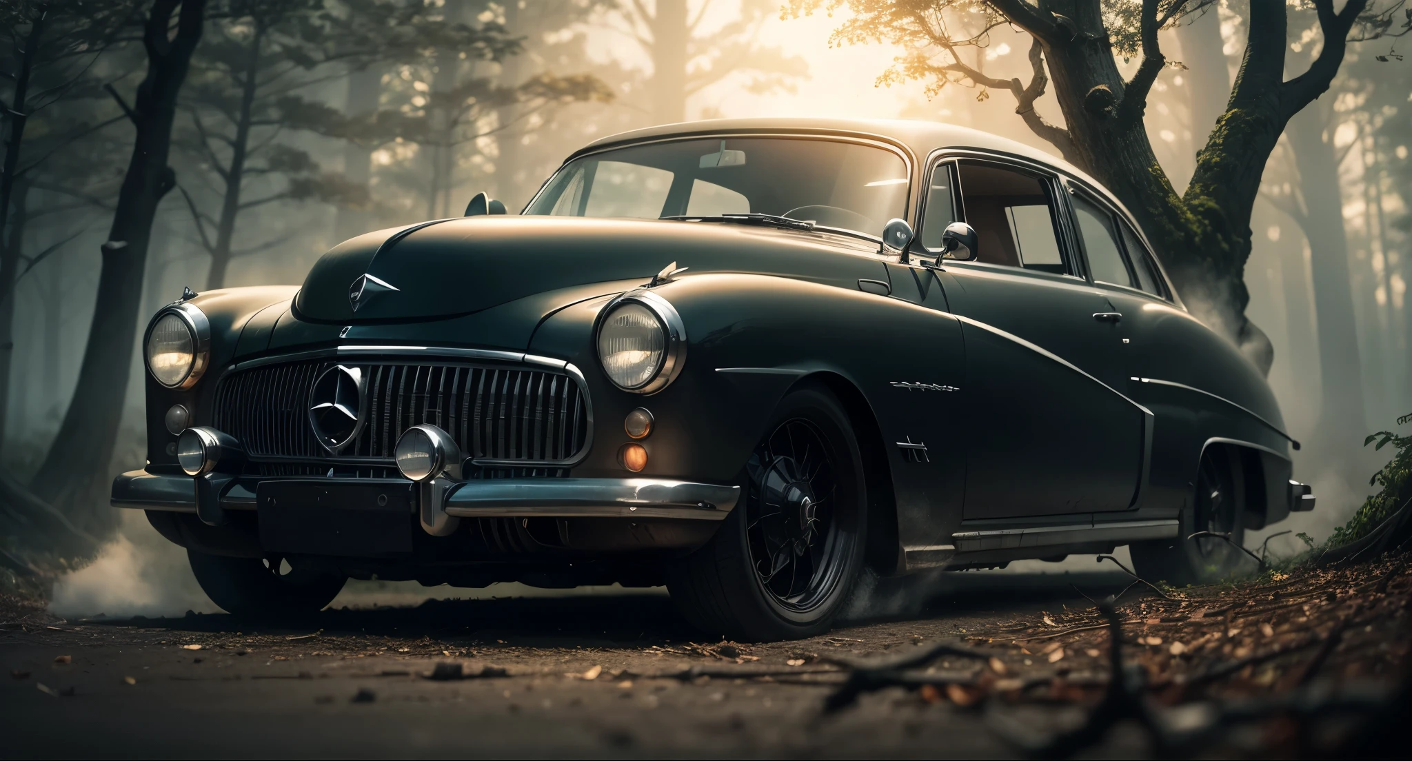  zoom view Generate a cinematic and realistic scene featuring a black Merc 49 with lots of steam in little dark setting with foggy weather in the forest with dead trees 