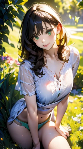 a girl in a white blouse and green panties,pencil drawing,delicate pencil lines,soft shading,portrait,realistic details,medium:sketching,beautiful detailed eyes,beautiful detailed lips,green grass background,colorful flowers in the garden,playful pose,curly hair,innocent expression,dreamy atmosphere,HDR,ultra-detailed,studio lighting,warm color tone,soft natural light,