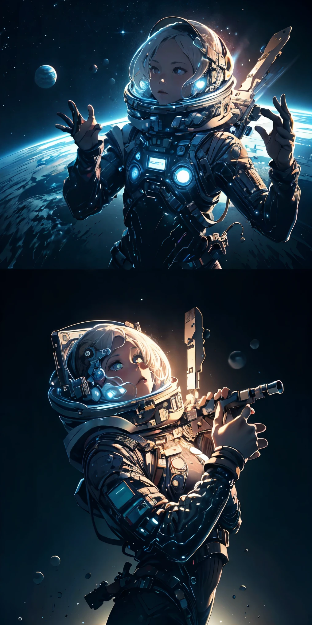 Absurd resolution, high resolution, (obra de arte:1.4), ultra-detalhado, 1 garota, de cima, space, flutuando