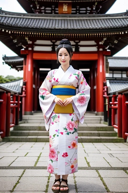 photography realistic, full body, women model, Wear a kimono, front of Asakusa Kannon Temple, Japan,