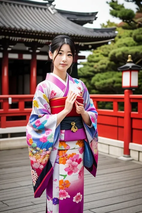 photography realistic, full body, women model, wear a kimono, front of asakusa kannon temple, japan,