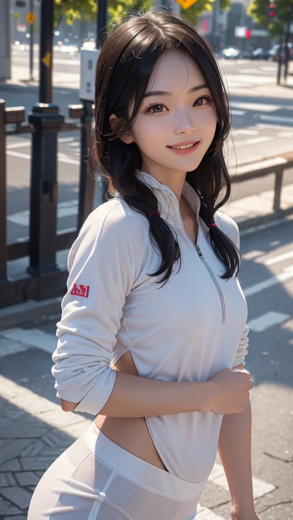 NSFW、Highest quality、(One girl),Big Breasts、(Road bike)、((Get on a bike))、Smiling at the viewer、Beautiful Eyes、Beautiful Face、Delicate eyes、Tight cycling wear、((Sweatで透けたスポーツウェア))、Sweat、Morning urban valley、street tree、Nipple piercing