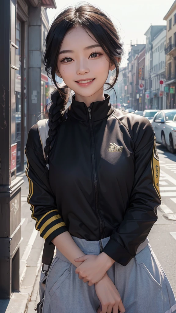 (realistically, masterpiece, 8K HD, Good lighting quality, Sportswear, fit snugly on face, intricate details), one，chinese woman, 25 years younger, happy, The smile is bright, Detailed faces, perfect style、combed black hair，Sportswear，afternoon，street、The smile is bright, Detailed faces, delicate eyes,